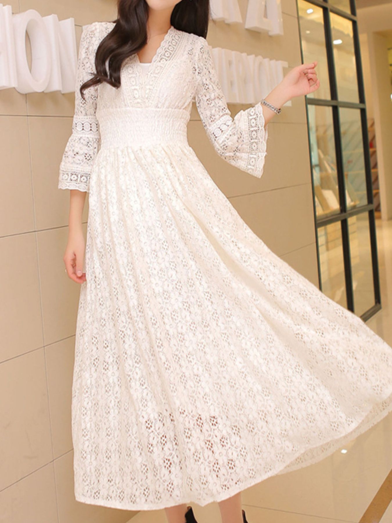 Lace 3/4 Sleeve Midi Dress