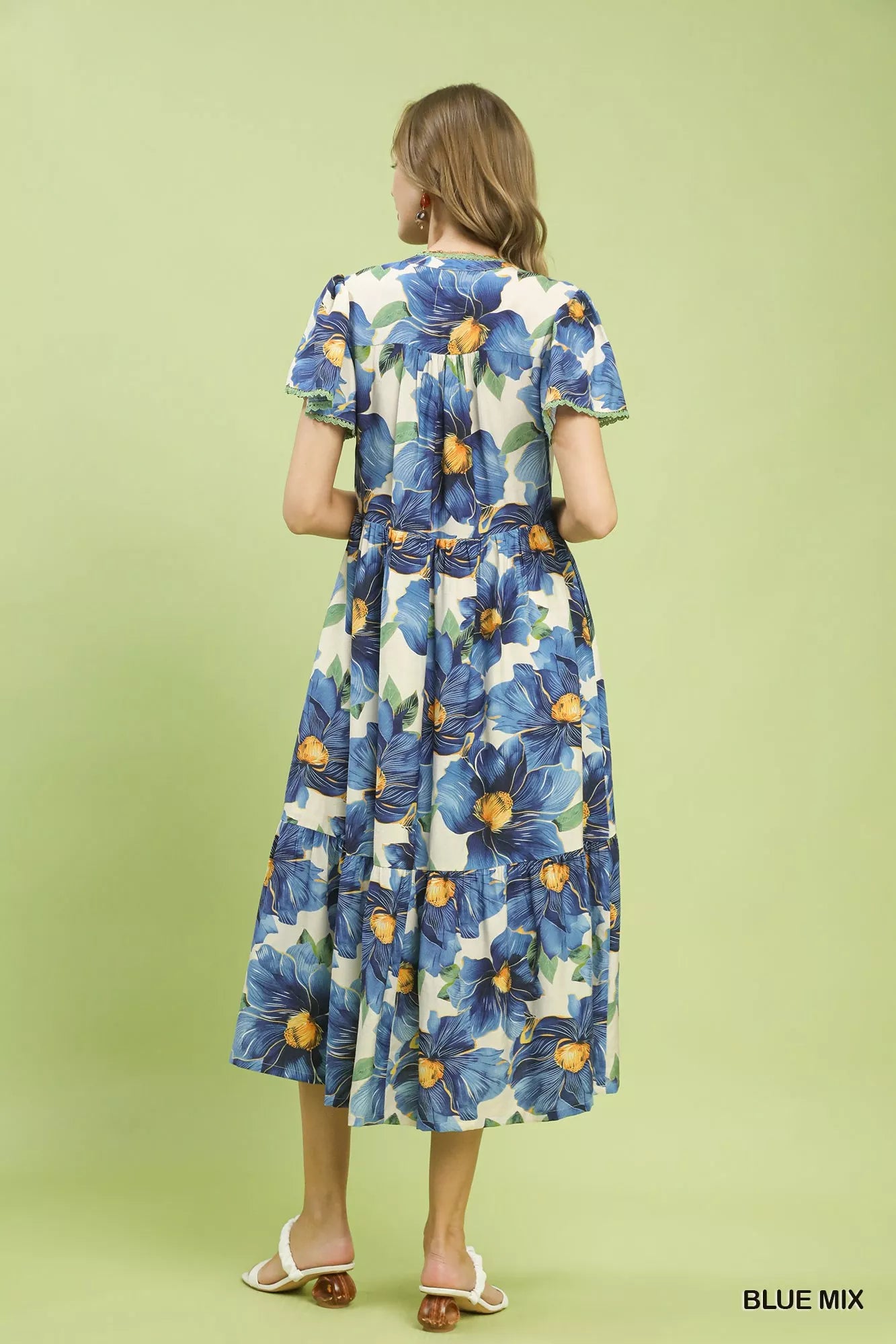 Umgee Tropical Floral V-Neck Flutter Sleeve Tiered Midi Dress