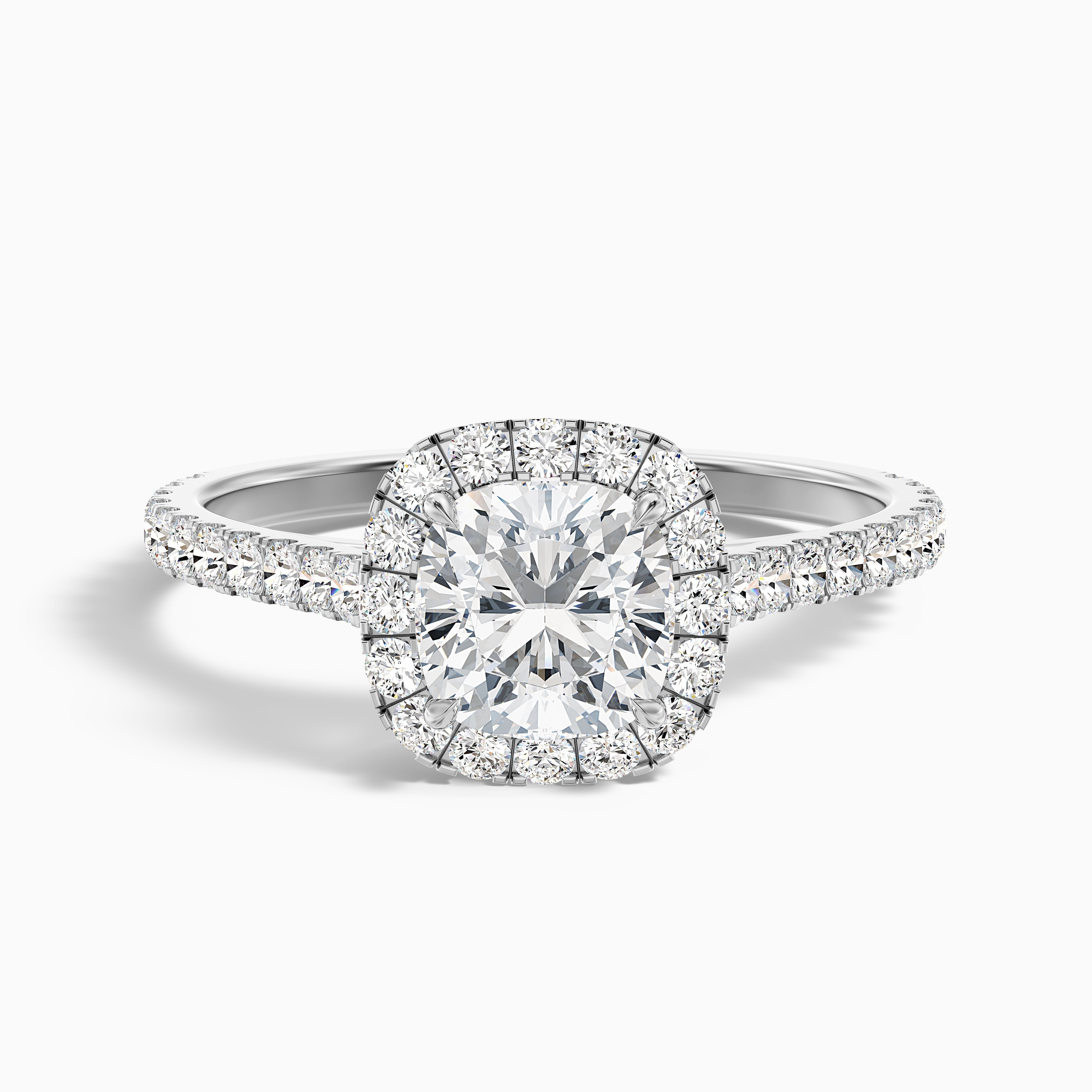 Jini 2 Carat Cushion Cut Halo Pave Moissanite Diamond Ring in 18k White Gold