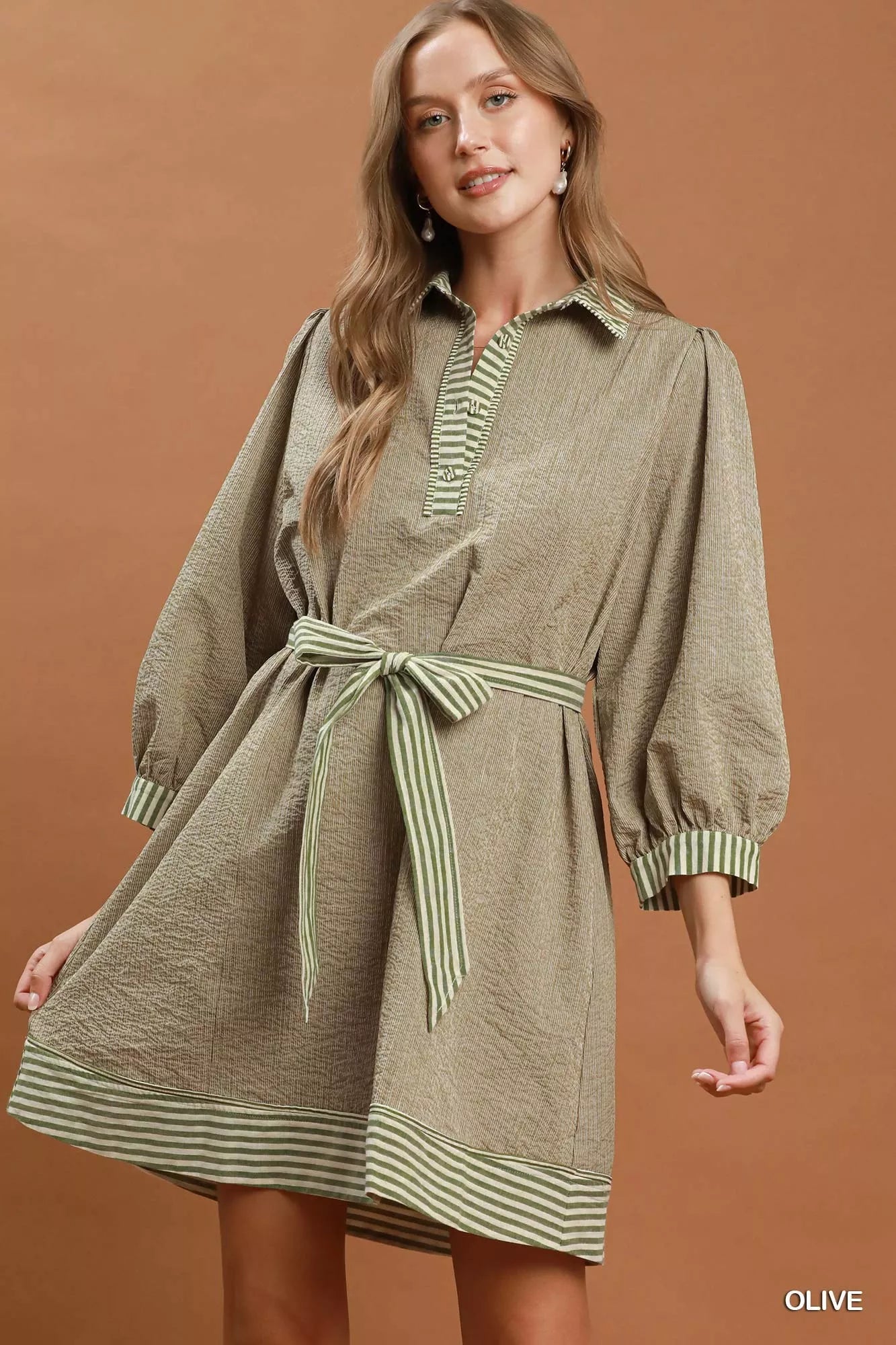 Umgee Striped Contrast Belted Puff Sleeve Mini Dress