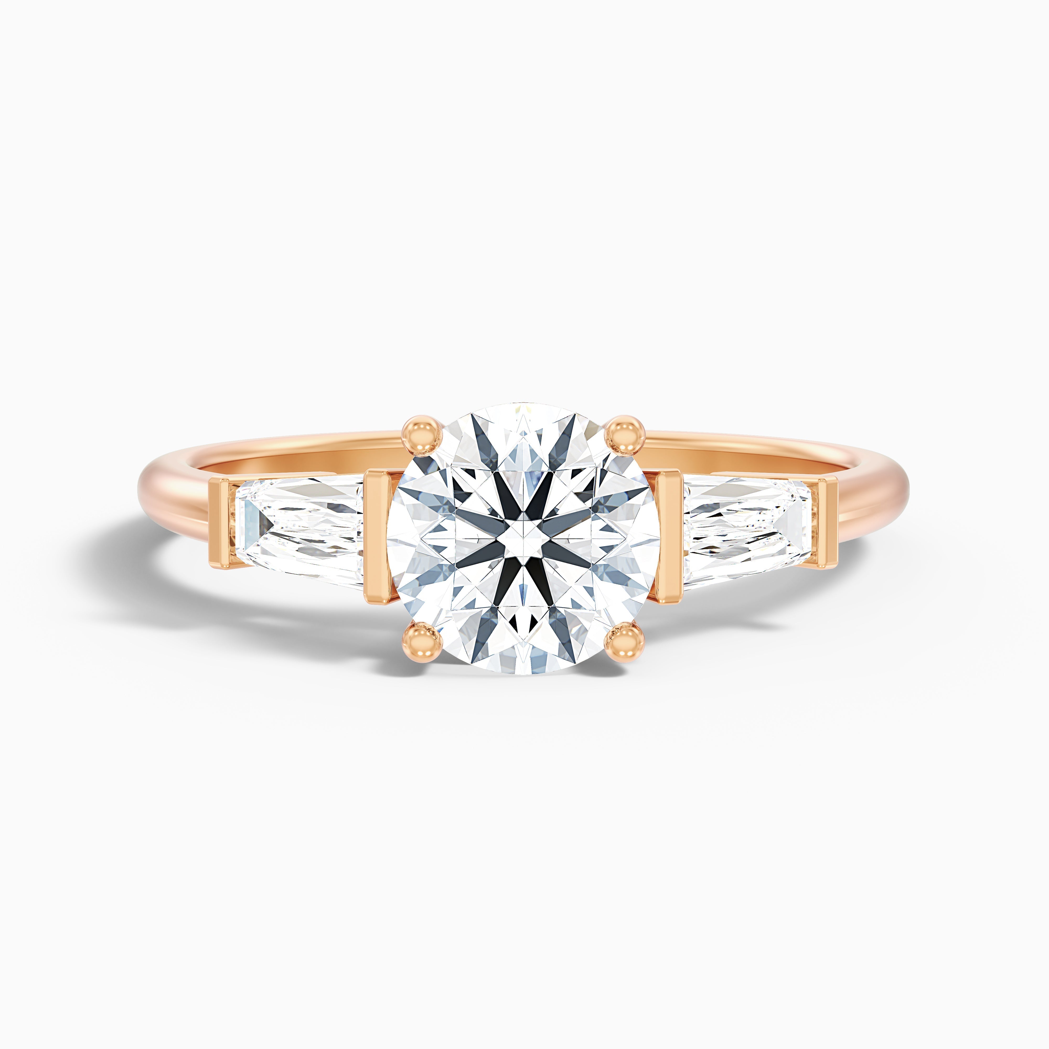 Hope 2 Carat Round 3 Stone Moissanite Diamond Ring With Side Baguette Diamonds in 18k White Gold