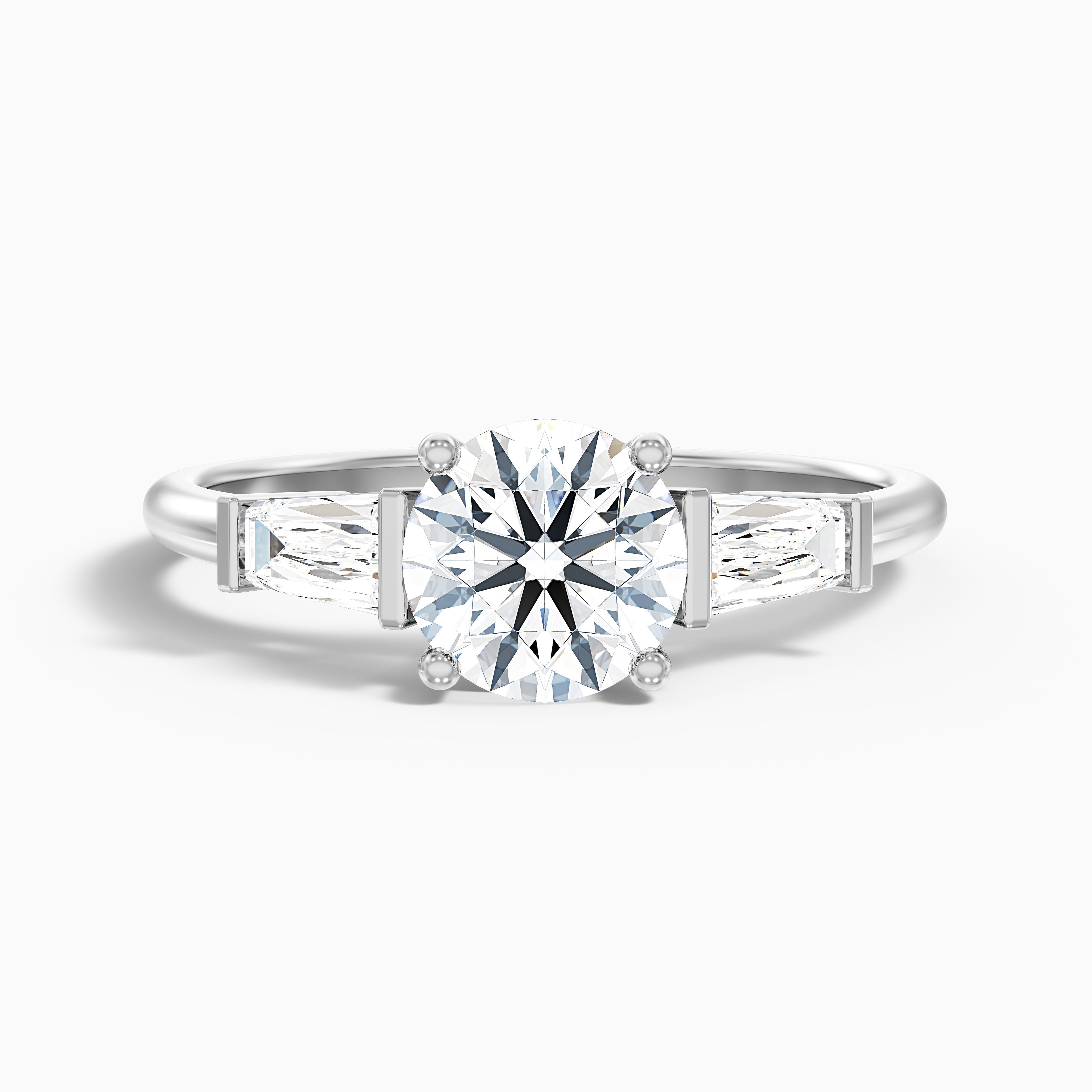 Carly 5 Carat Round 3 Stone Lab Grown Engagement Ring With Side Baguette Diamonds in 18k White Gold