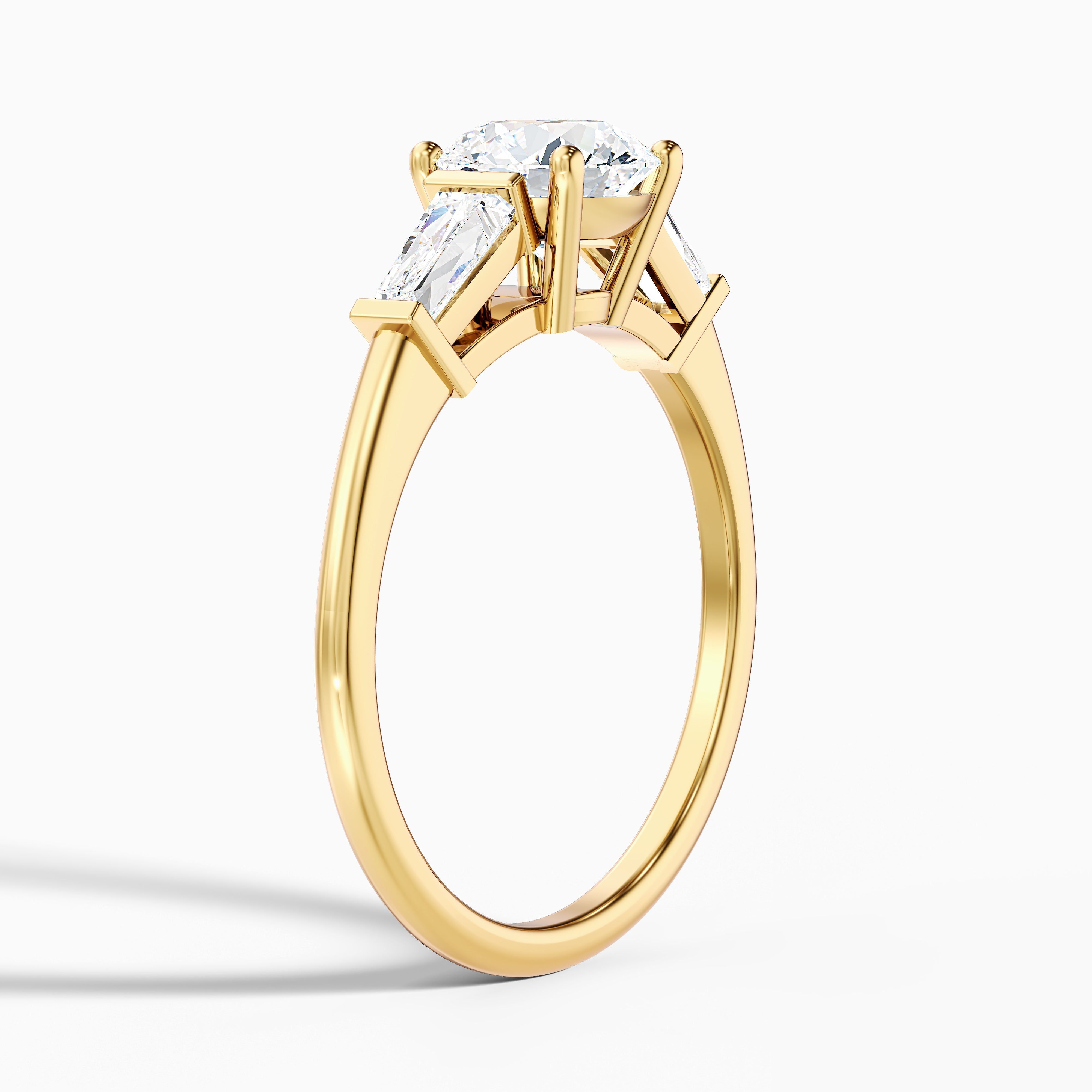 Hope 3 Carat Round 3 Stone Moissanite Diamond Ring With Side Baguette Diamonds in 18k Yellow Gold