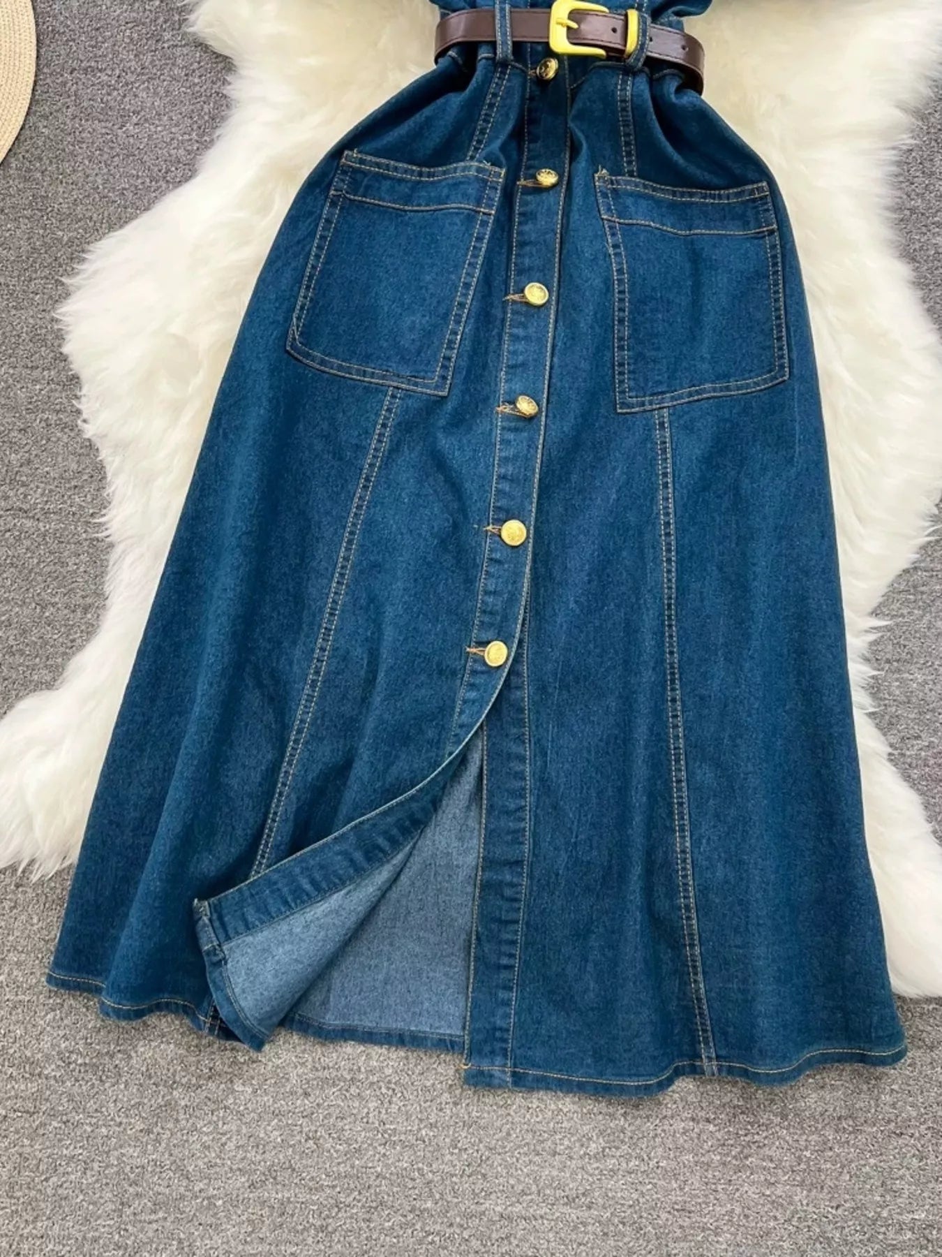 Button Front Short Sleeve Denim Dress