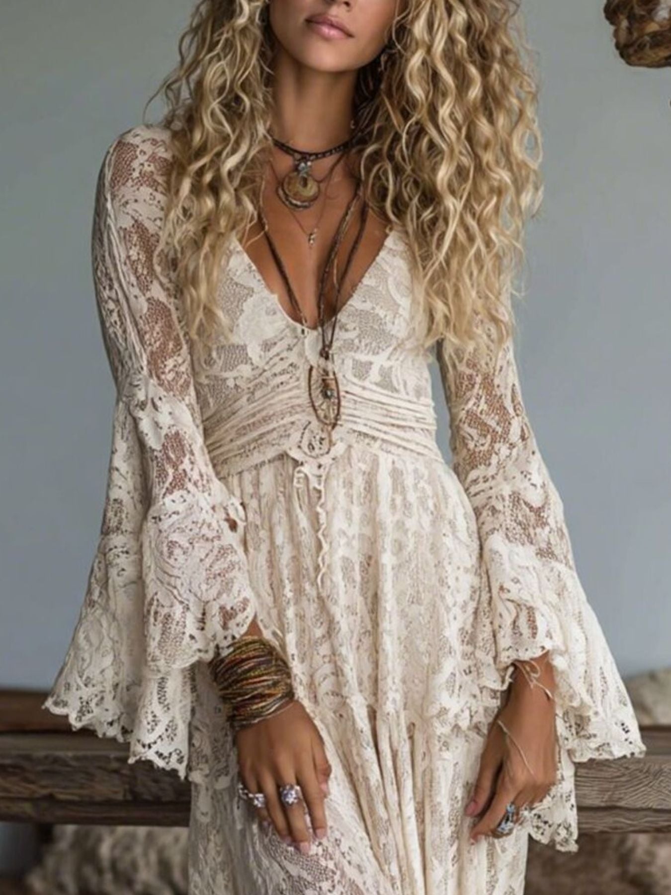 Lace Deep V-Neck Maxi Dress