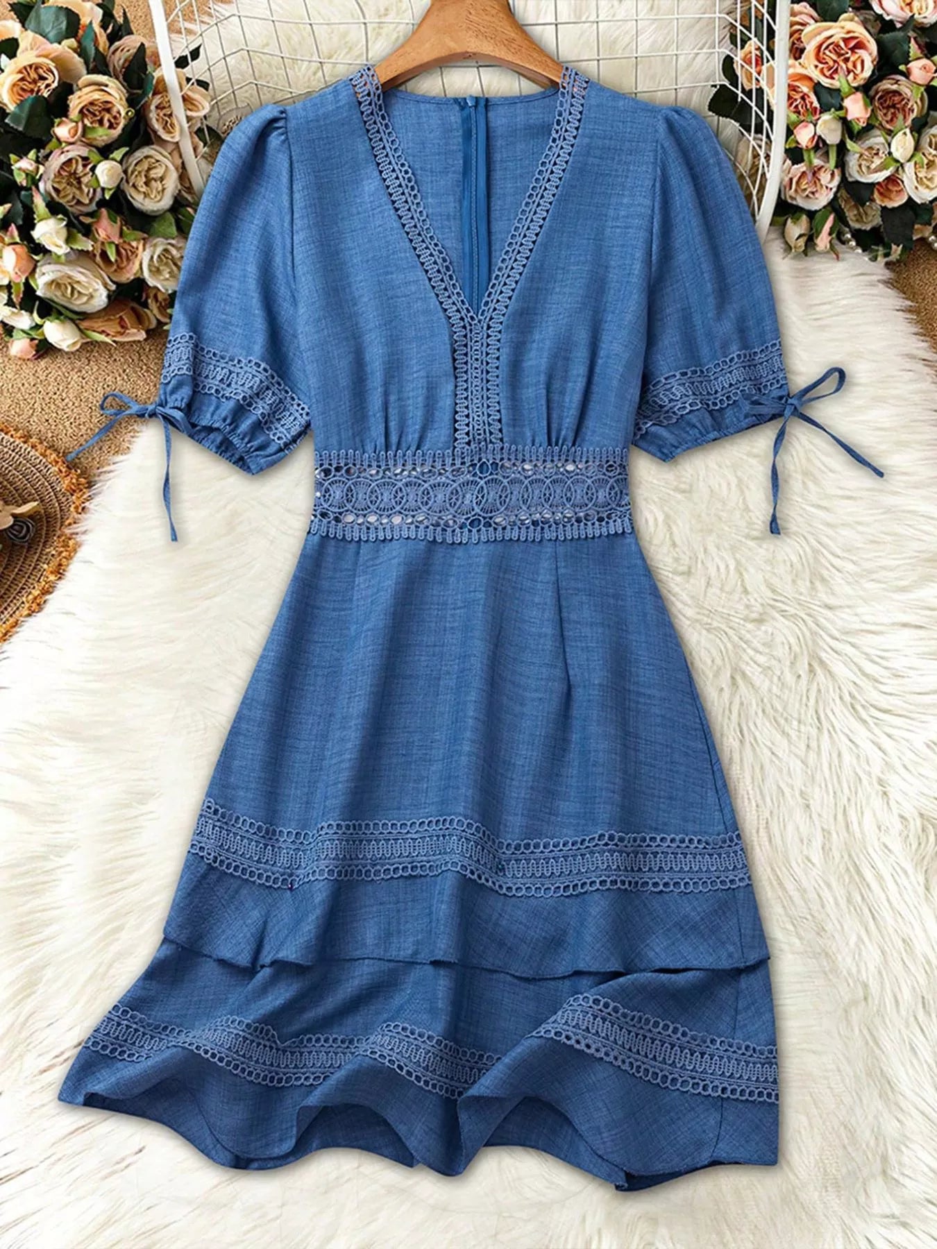 Lace Detail V-Neck Mini Dress