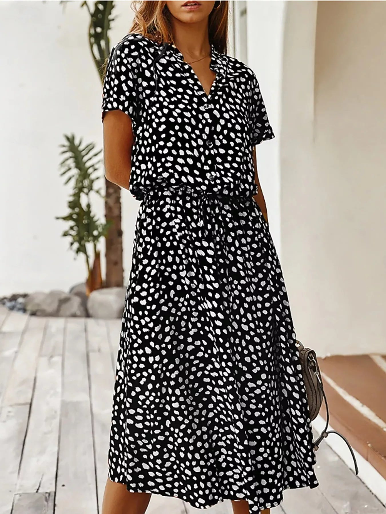 Polka Dot Button Front Midi Dress
