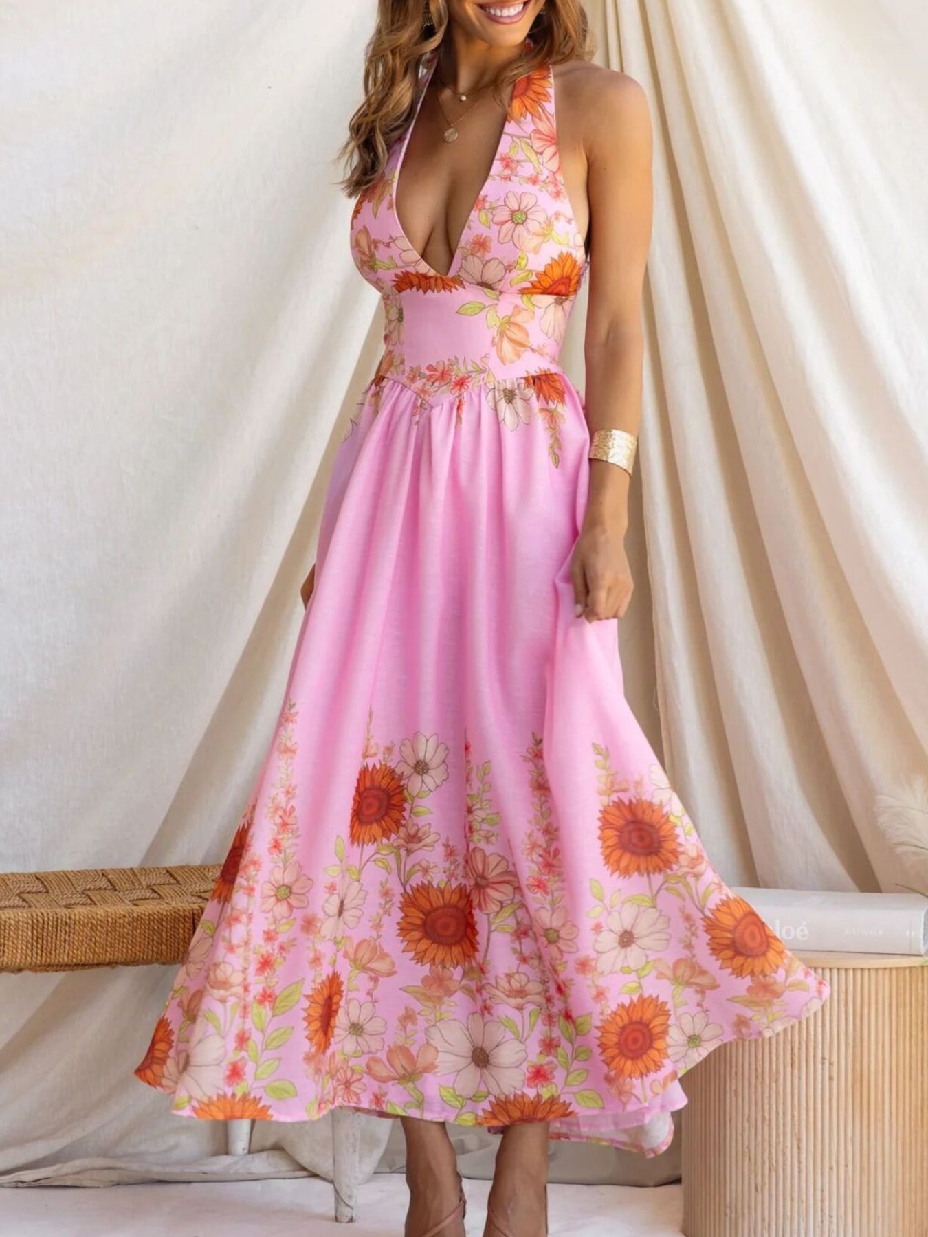 Floral Print Halter Neck Maxi Dress