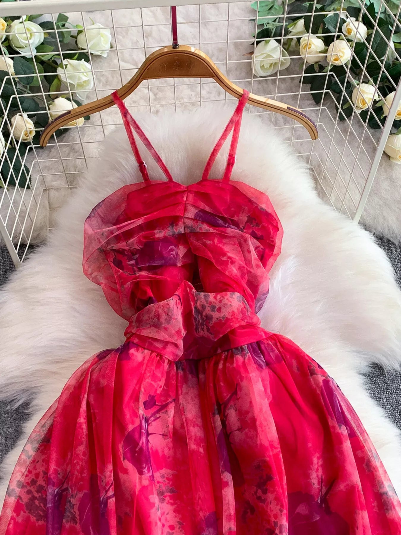 Floral Print Ruffled Layered Mesh Dress