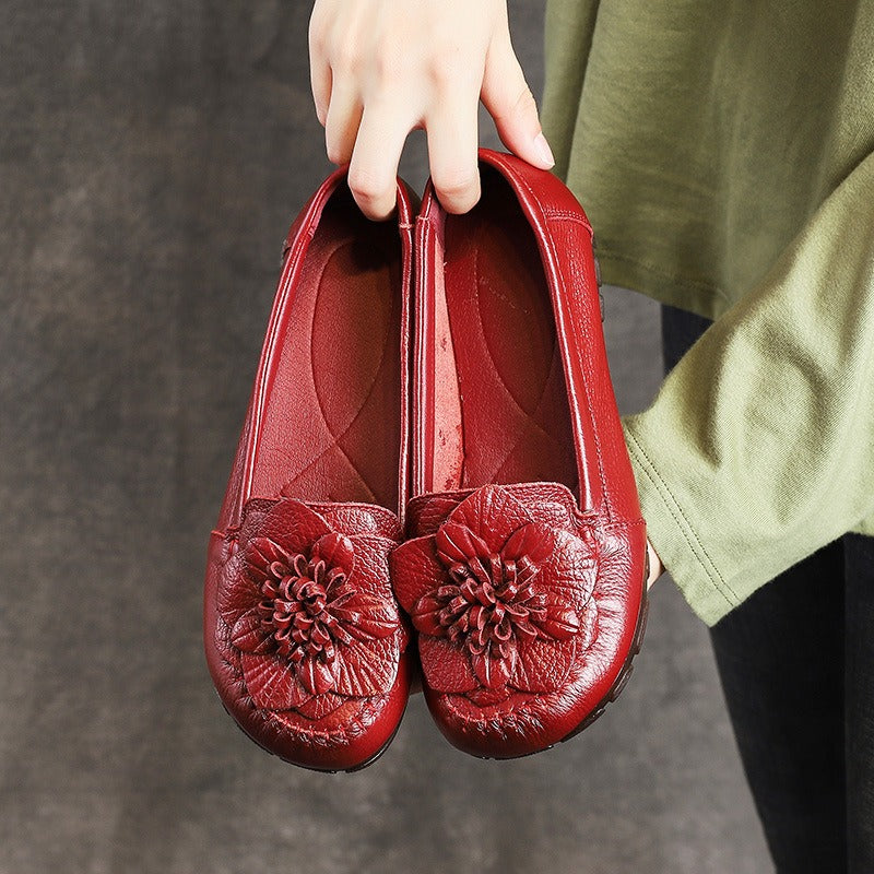 Genuine leather flat bottomed soft sole anti slip sleeve shoes Dance flower women's shoes