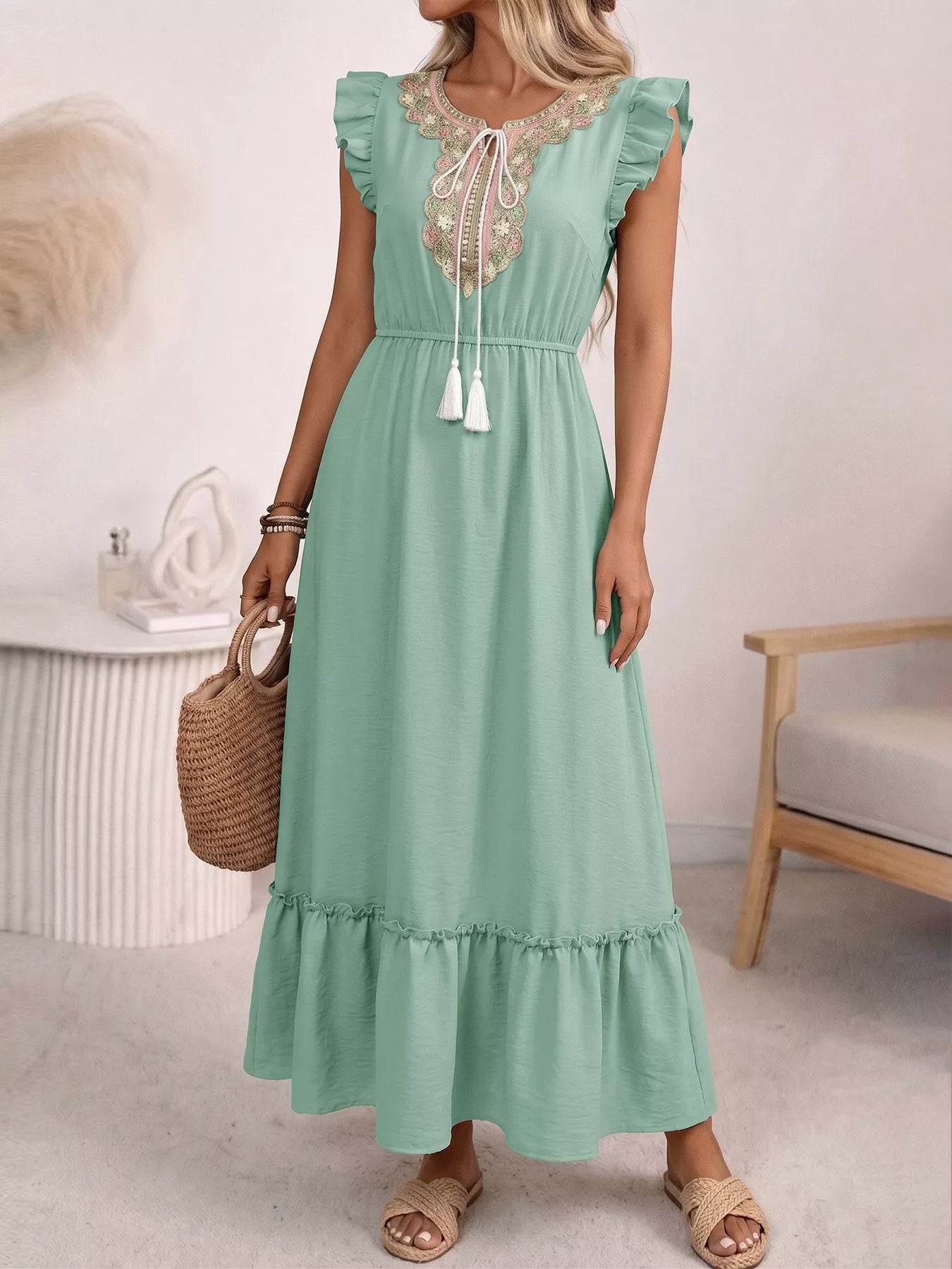 Tie Neck Ruffle Sleeve Maxi Dress