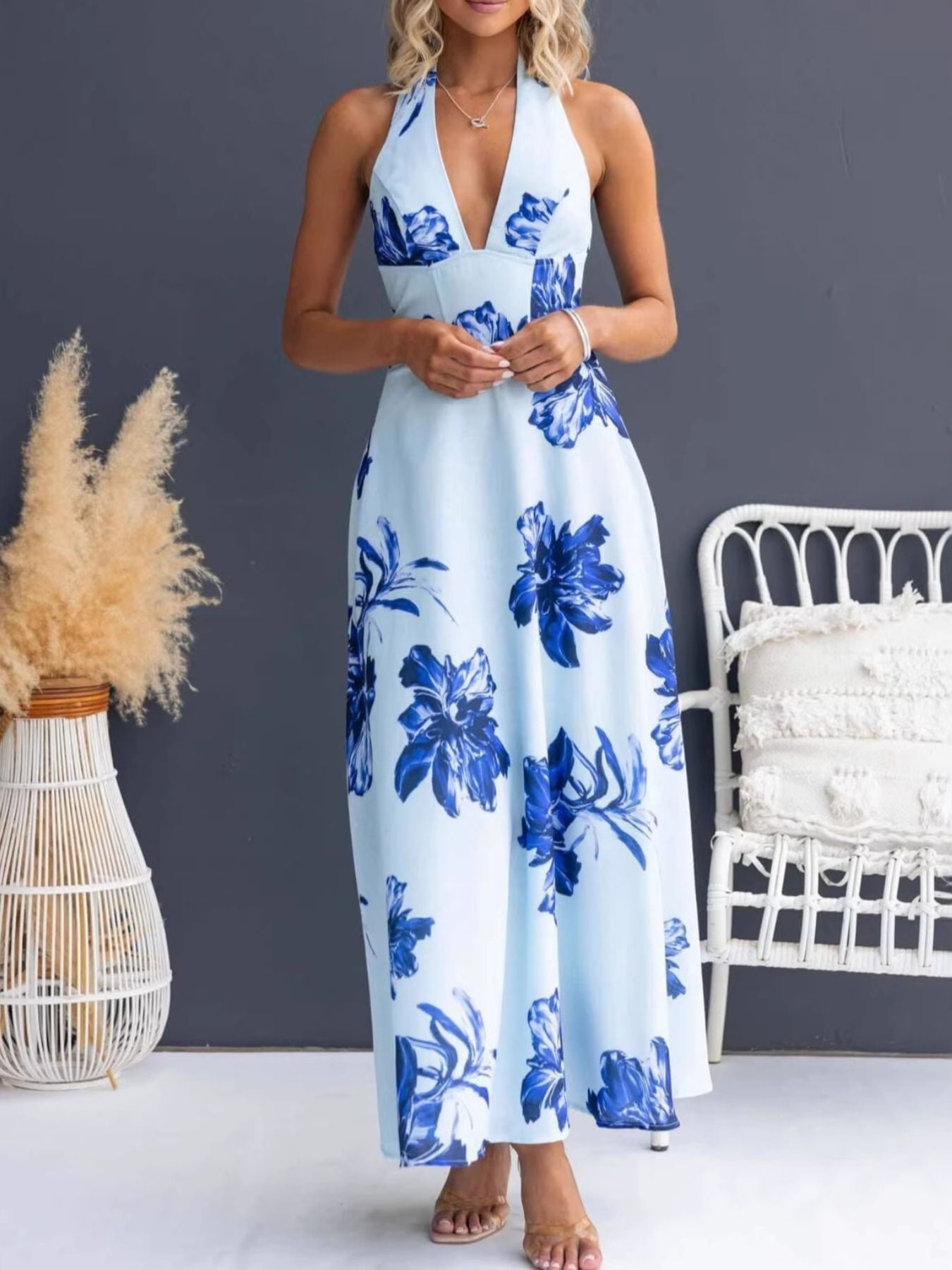 Floral Print Halter Neck Maxi Dress