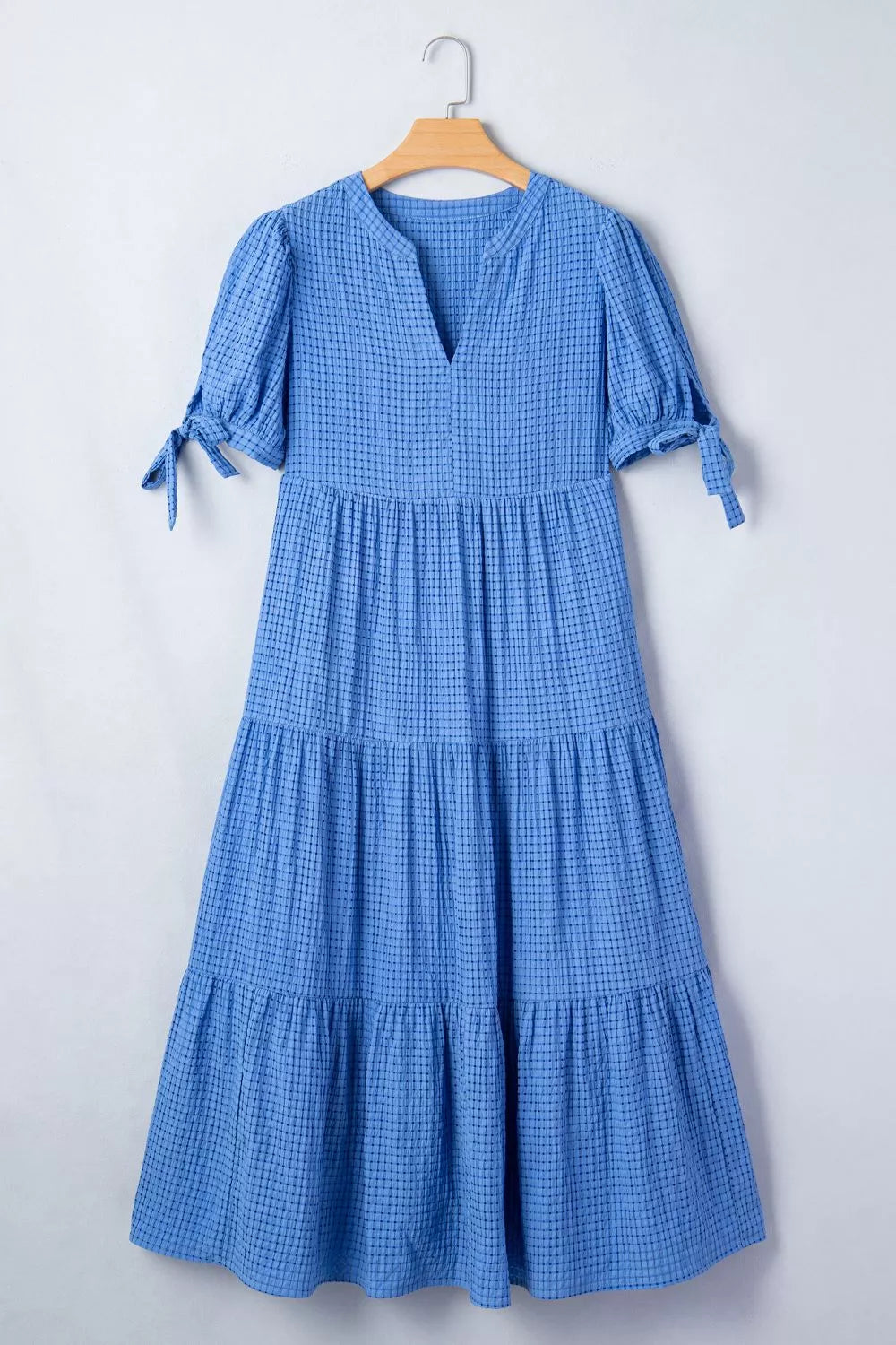 Notched Short Sleeve Tiered Midi Dress