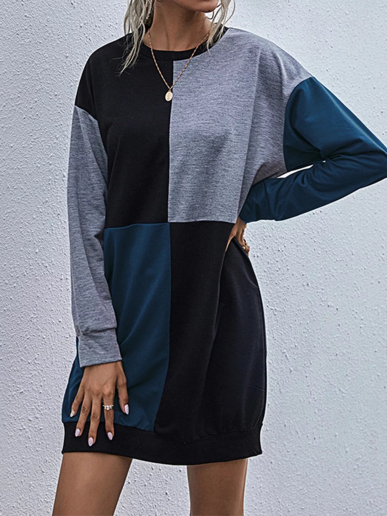 Color Block Casual Long Sleeve Mini Dress