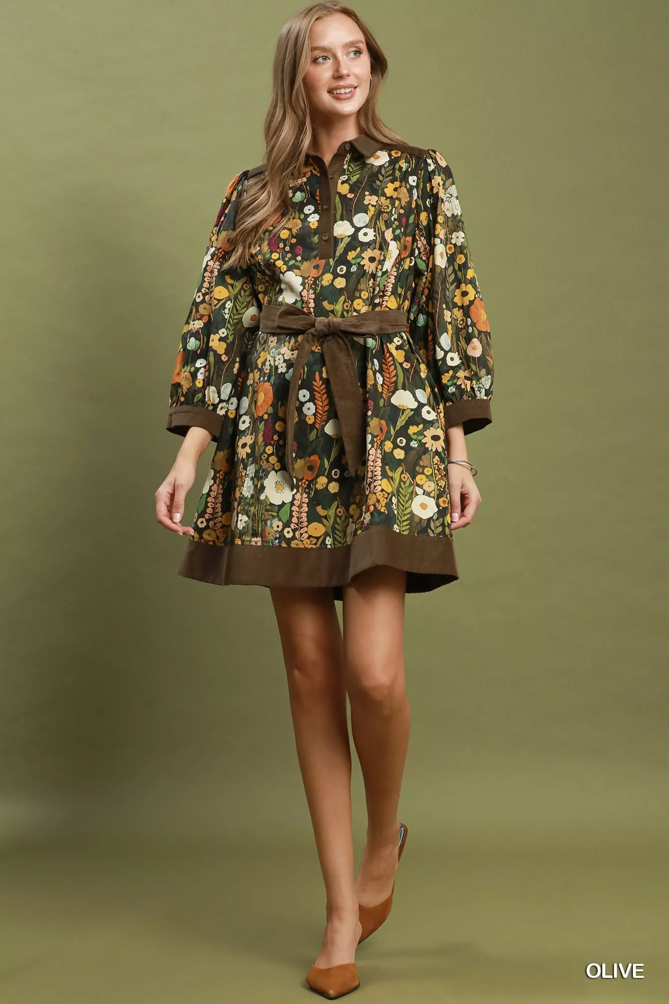 Umgee Floral Print Belted Puff Sleeve Mini Dress