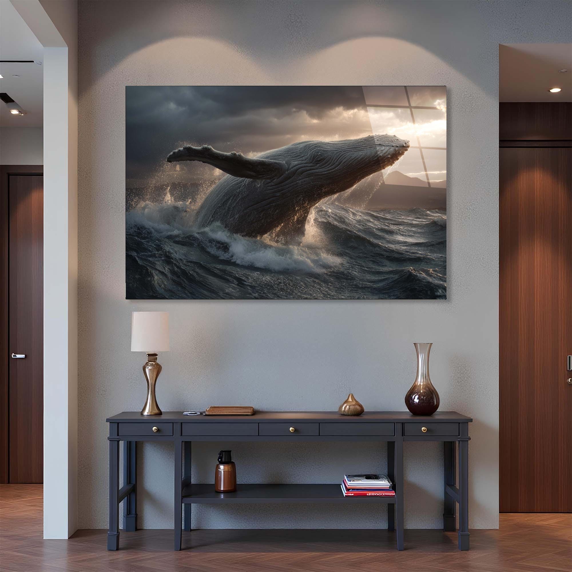 Breaching Whale Tempered Glass Wall Art | Ocean Marine Decor