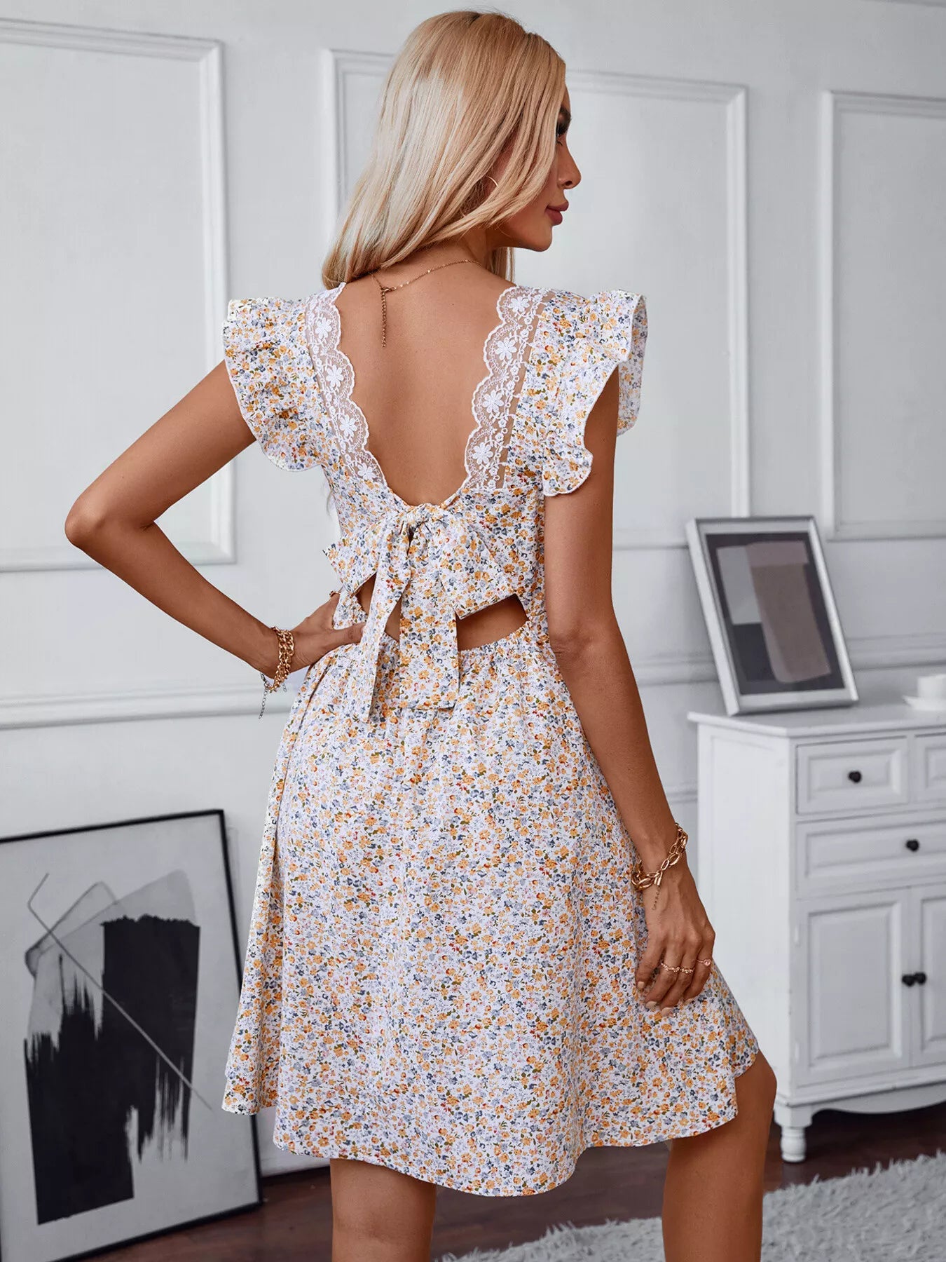 Floral Print Lace Trim Tie Back Mini Dress