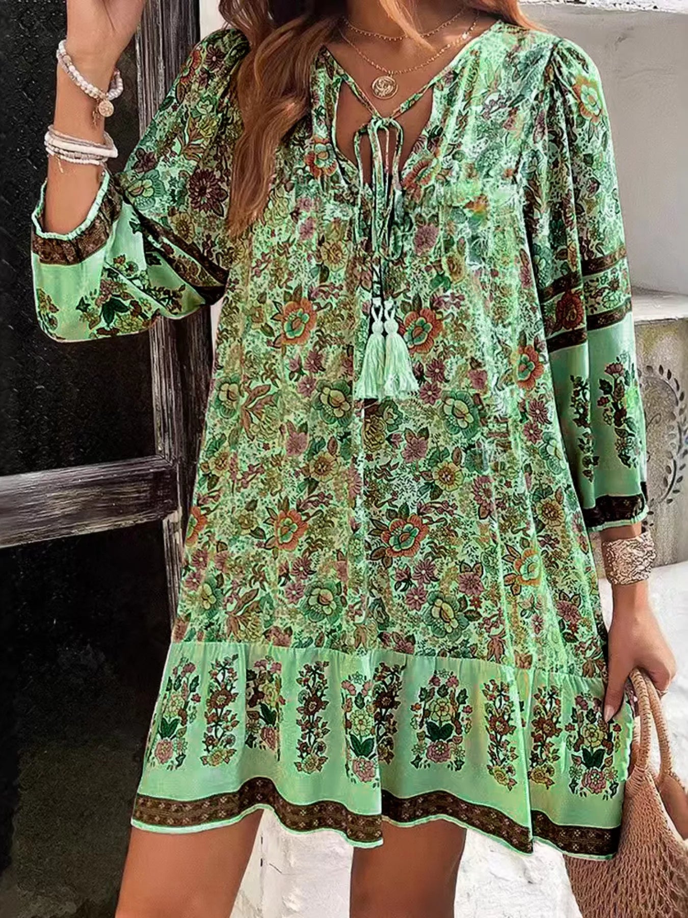 Floral Print Tassel Tie Neck Mini Dress