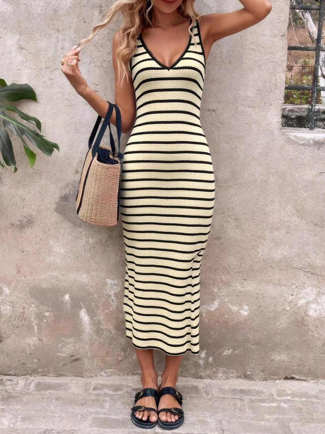 Striped Bodycon Knit Midi Dress