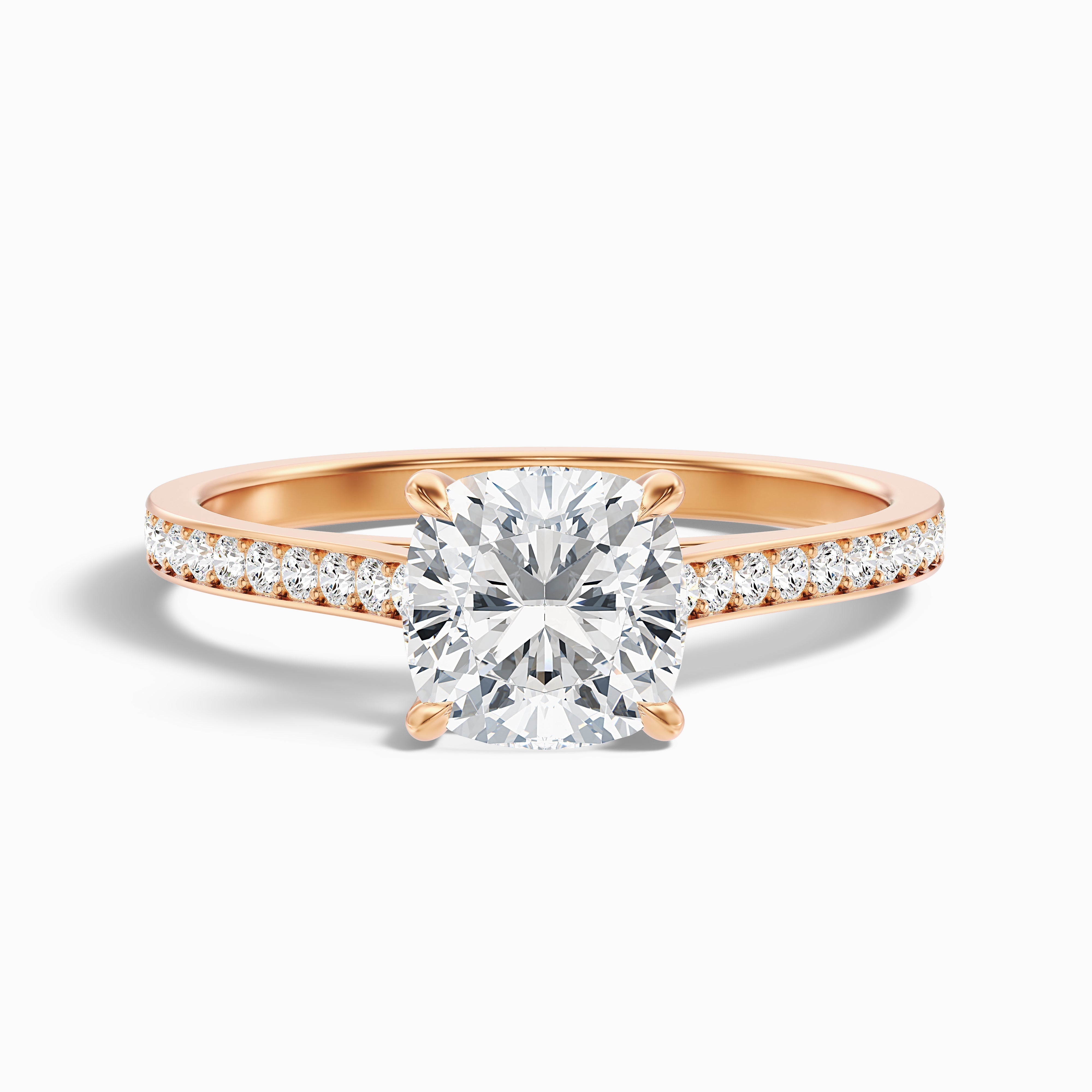 Eva 2.5 Carat Cushion Cut Side Stone Pave Moissanite Diamond Ring in 10k Rose Gold