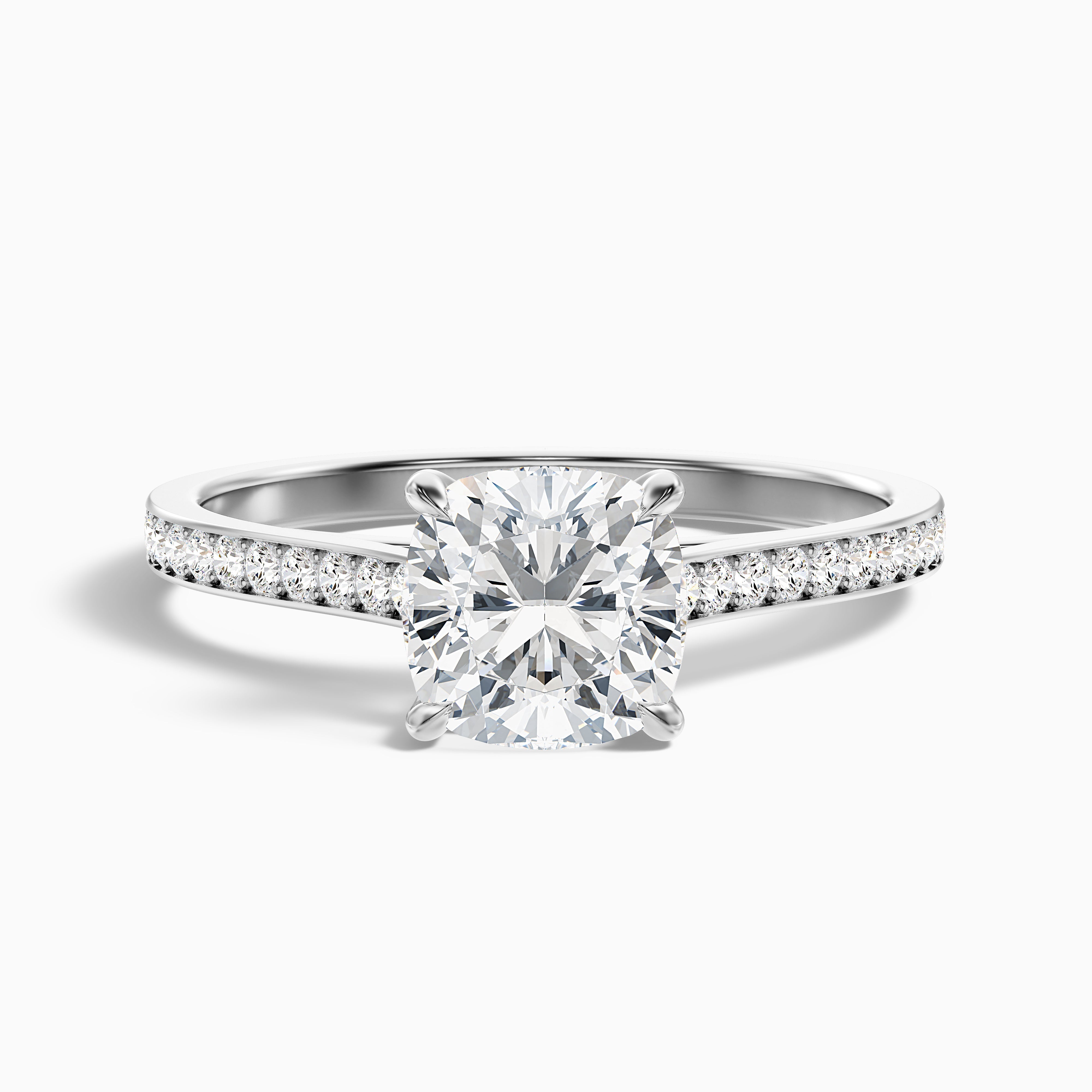 Eva 1 Carat Cushion Cut Side Stone Pave Moissanite Diamond Ring in 14k Rose Gold