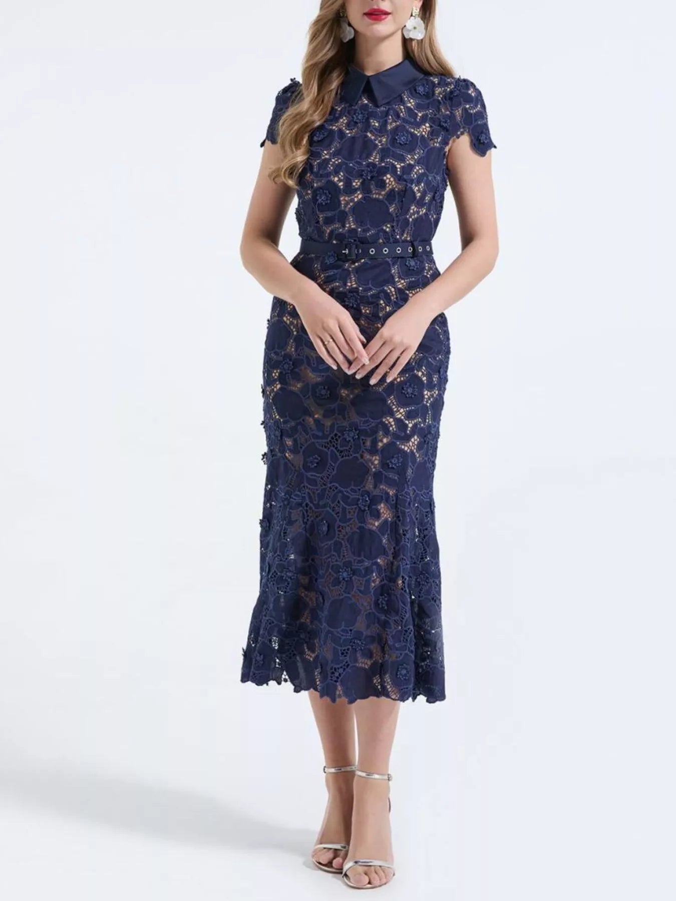 Floral Lace Short Sleeve Midi Dress