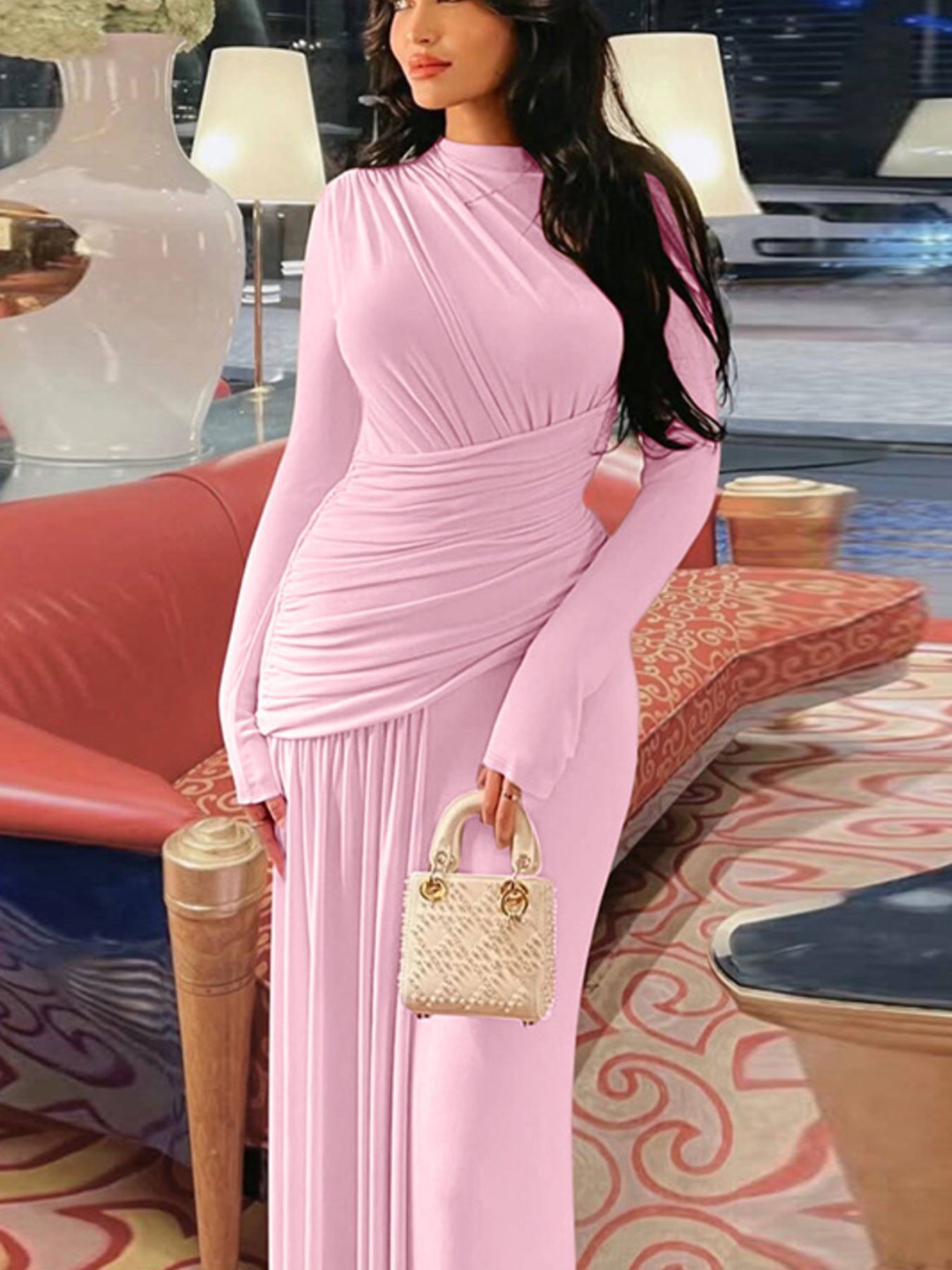 Ruched Long Sleeve Mermaid Maxi Dress