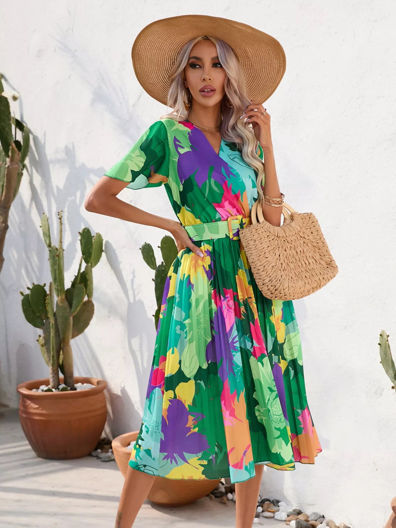 Pleated Tropical Print Belted Midi Dress