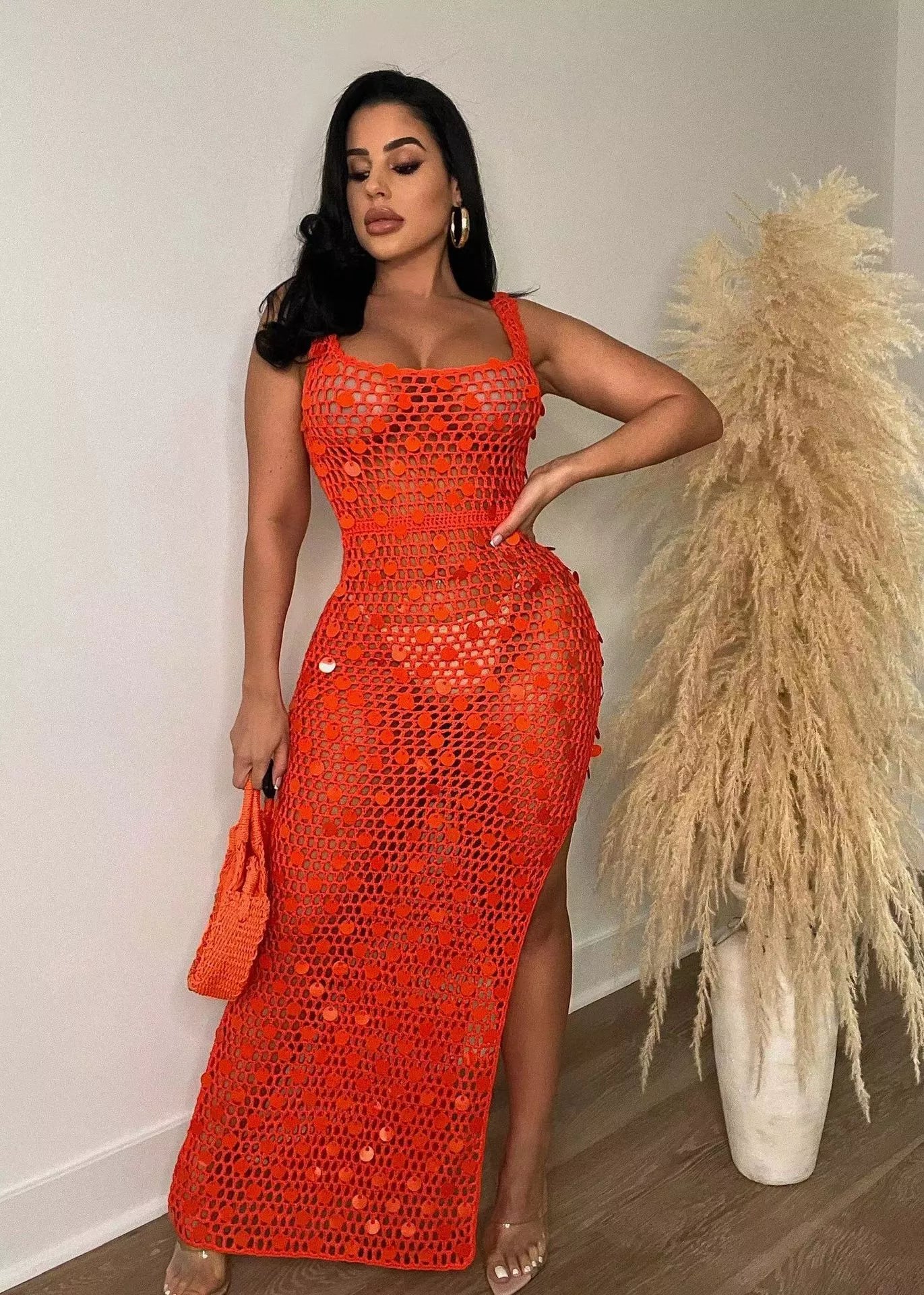 Sequin Embellished Crochet Maxi Dress with High Slit