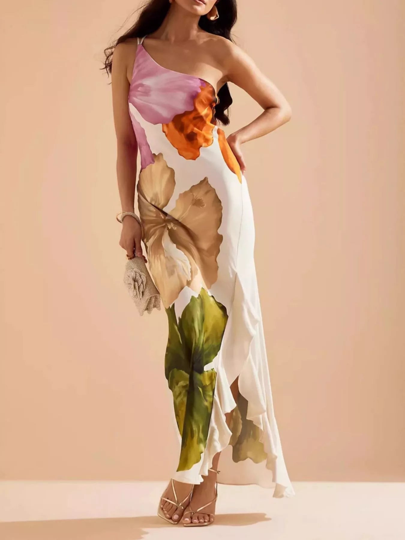 Floral Print One-Shoulder Ruffle Hem Maxi Dress