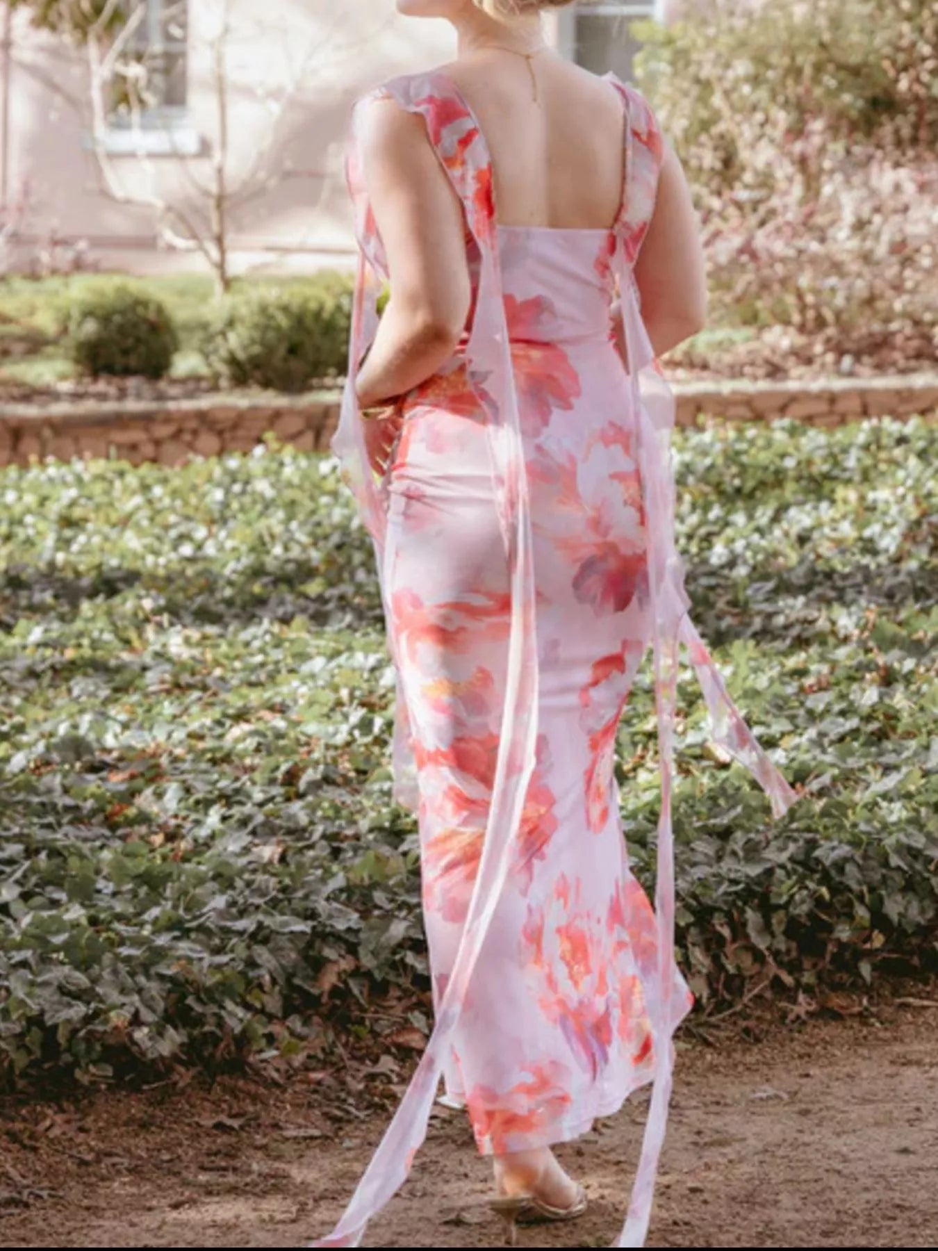 Floral Print Ruffle Trim Bodycon Maxi Dress