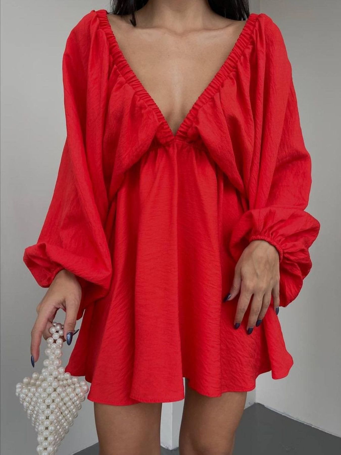 Deep V-Neck Balloon Sleeve Dress