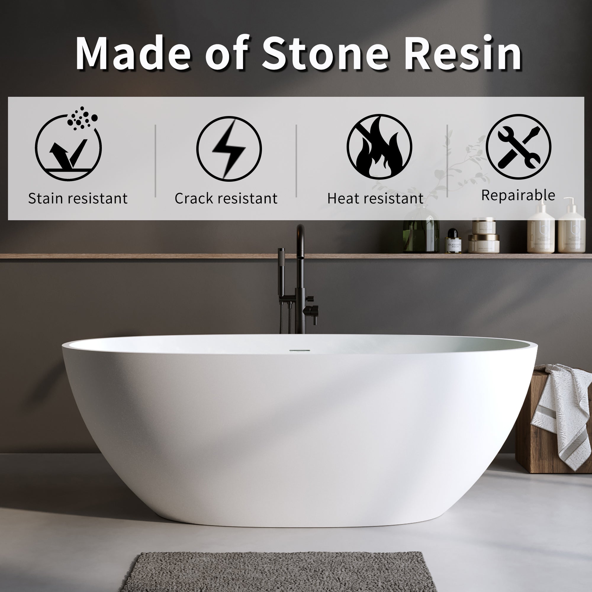 Solid Surface Matte Tub - 70.8" Freestanding Bathtub