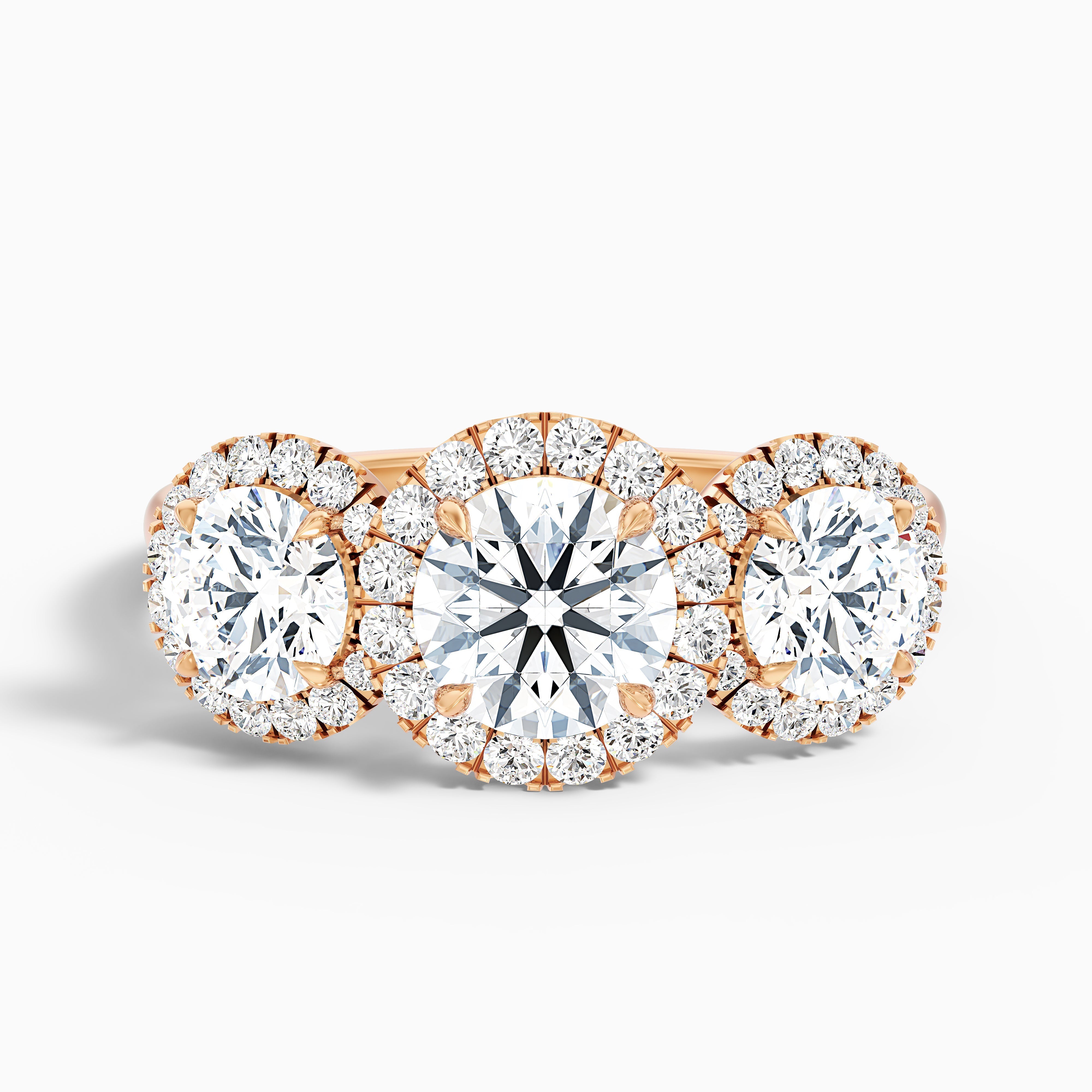 Flora 4.5 Carat Three Stone Round Halo Lab Grown Diamond Ring in 10k Yellow Gold