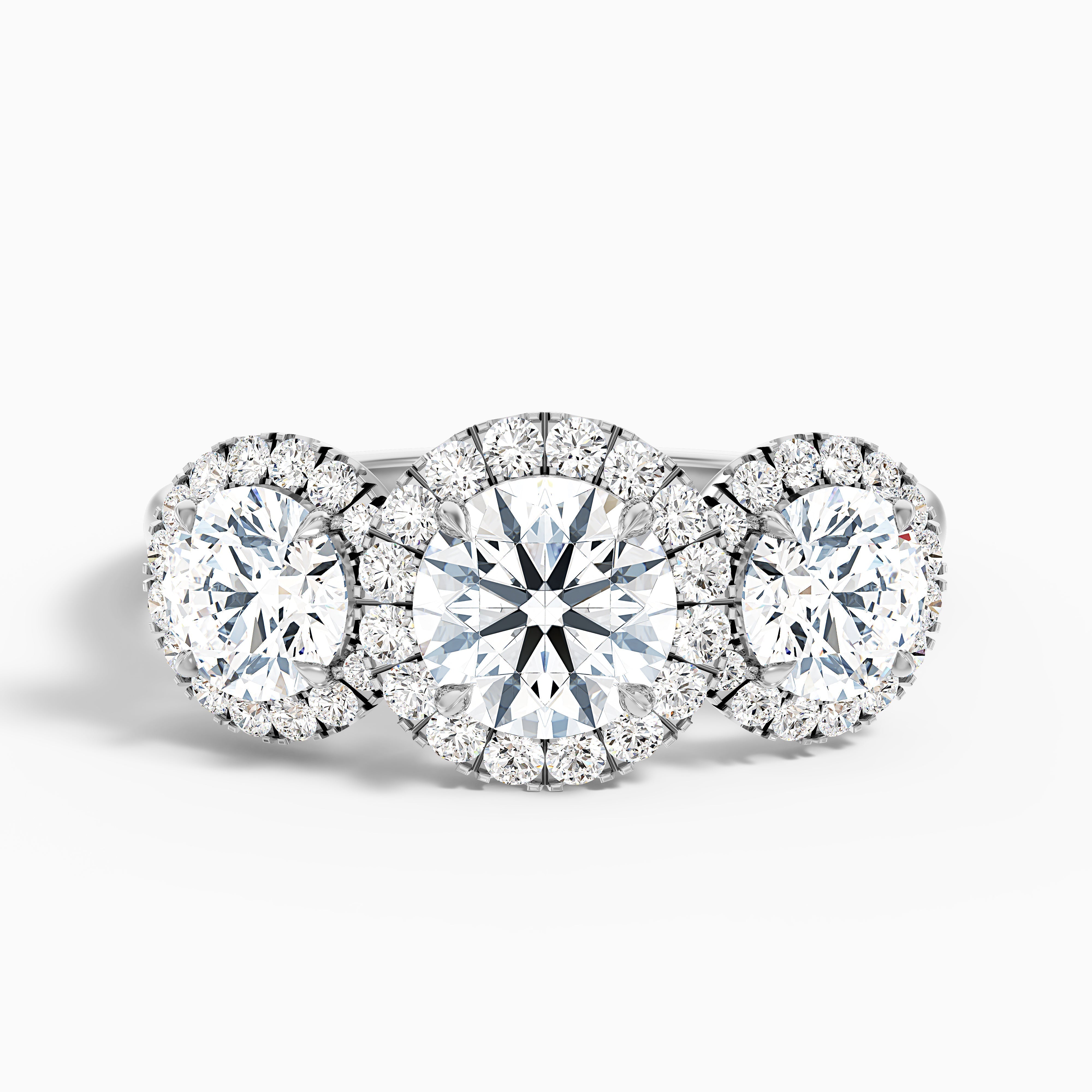 Flora 3.5 Carat Three Stone Round Halo Lab Grown Diamond Ring in Platinum