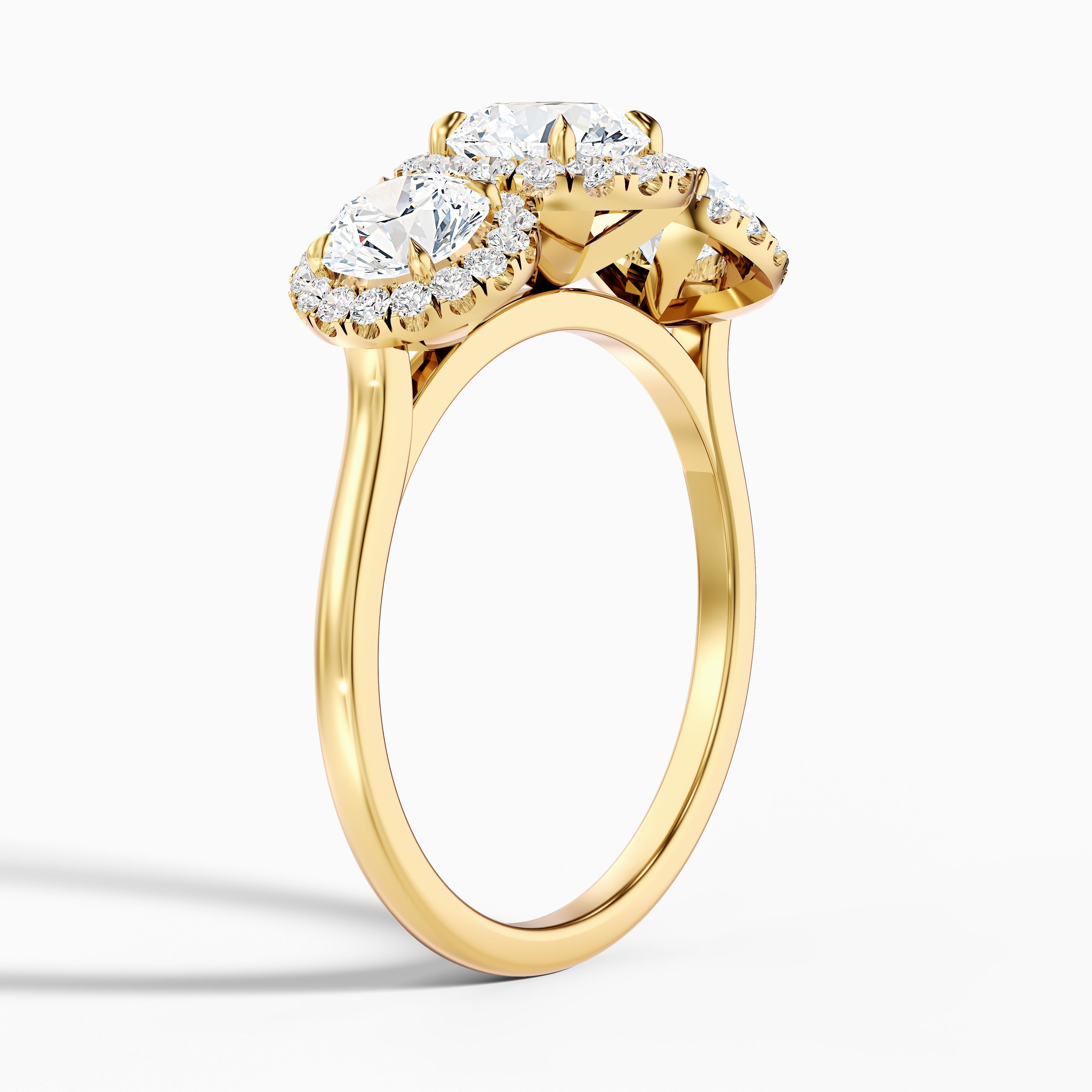 Flora 3.5 Carat Three Stone Round Halo Lab Grown Diamond Ring in 14k Yellow Gold