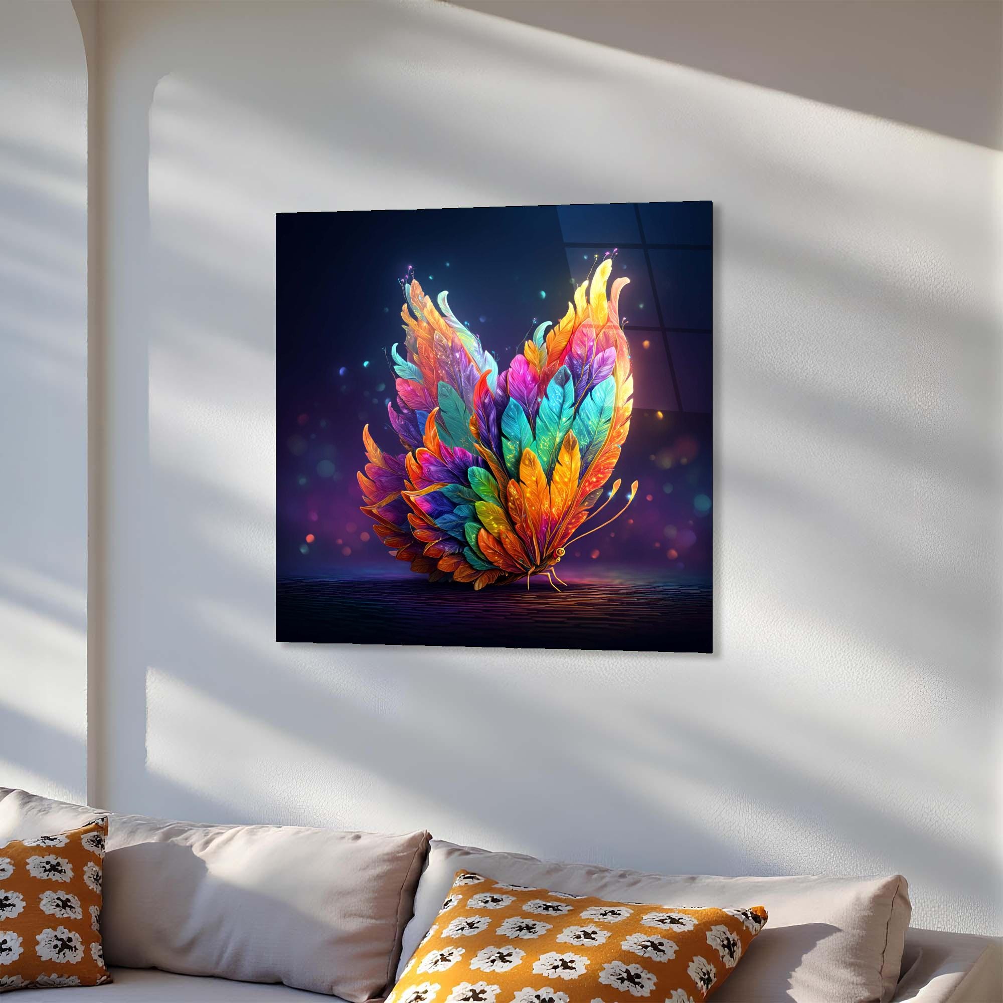 Feather Butterfly Tempered Glass Wall Art | Fantasy Office Decor
