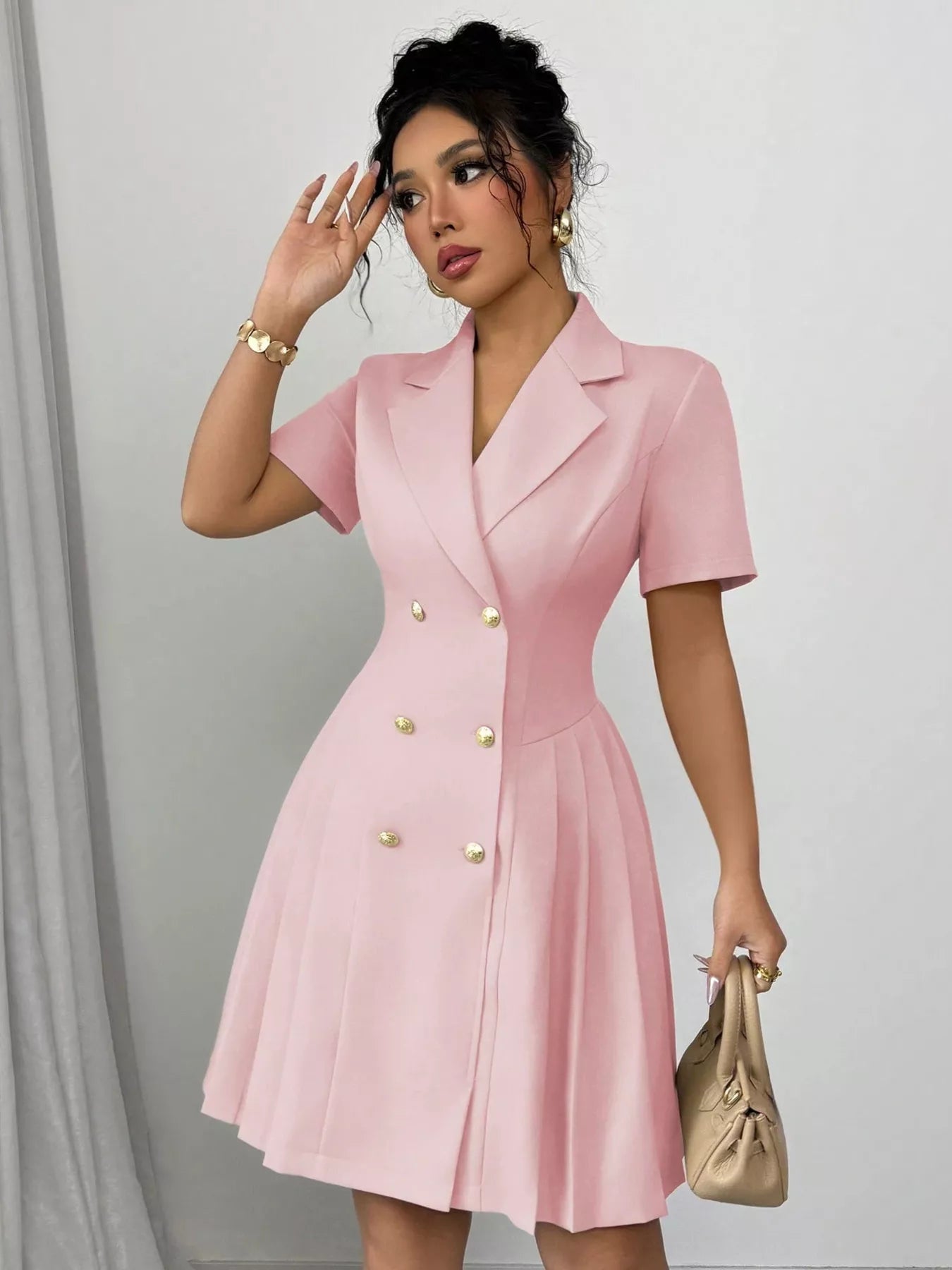 Double-Breasted Pleated Blazer Dress