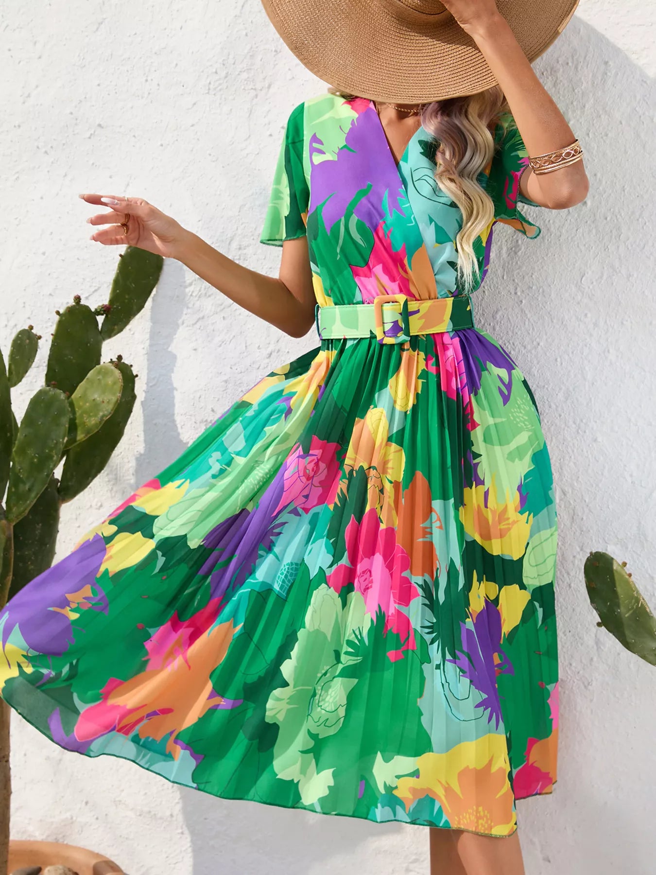 Pleated Tropical Print Belted Midi Dress