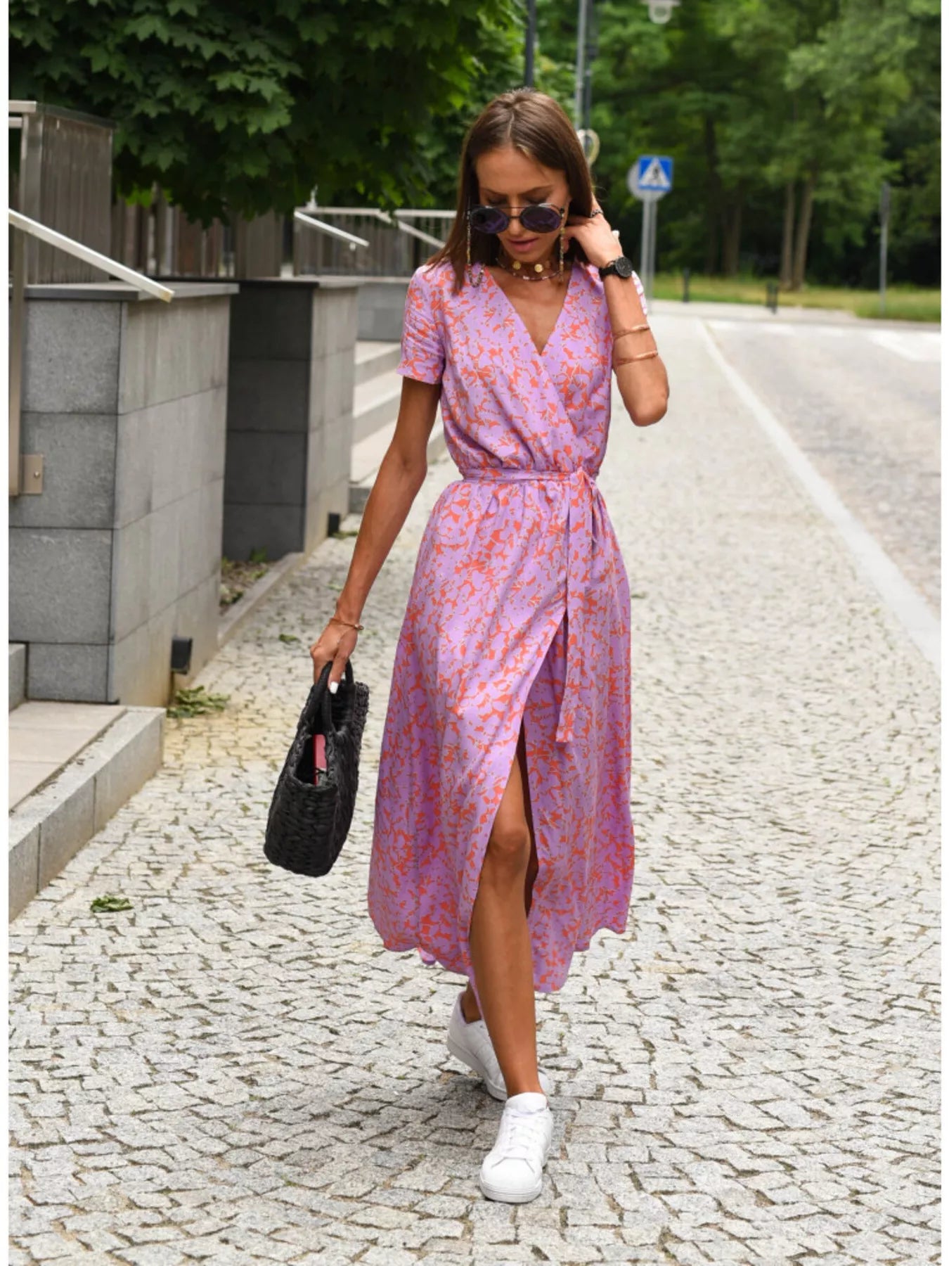 Surplice Short Sleeve Midi Dress