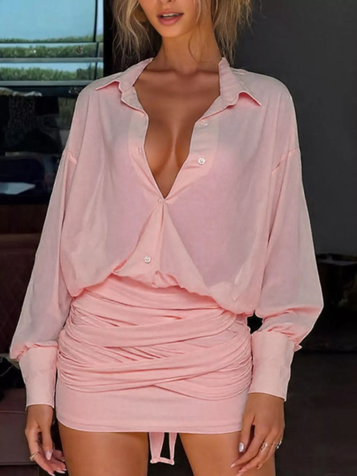 Sheer Button-Down Mini Shirt Dress with Back Tie