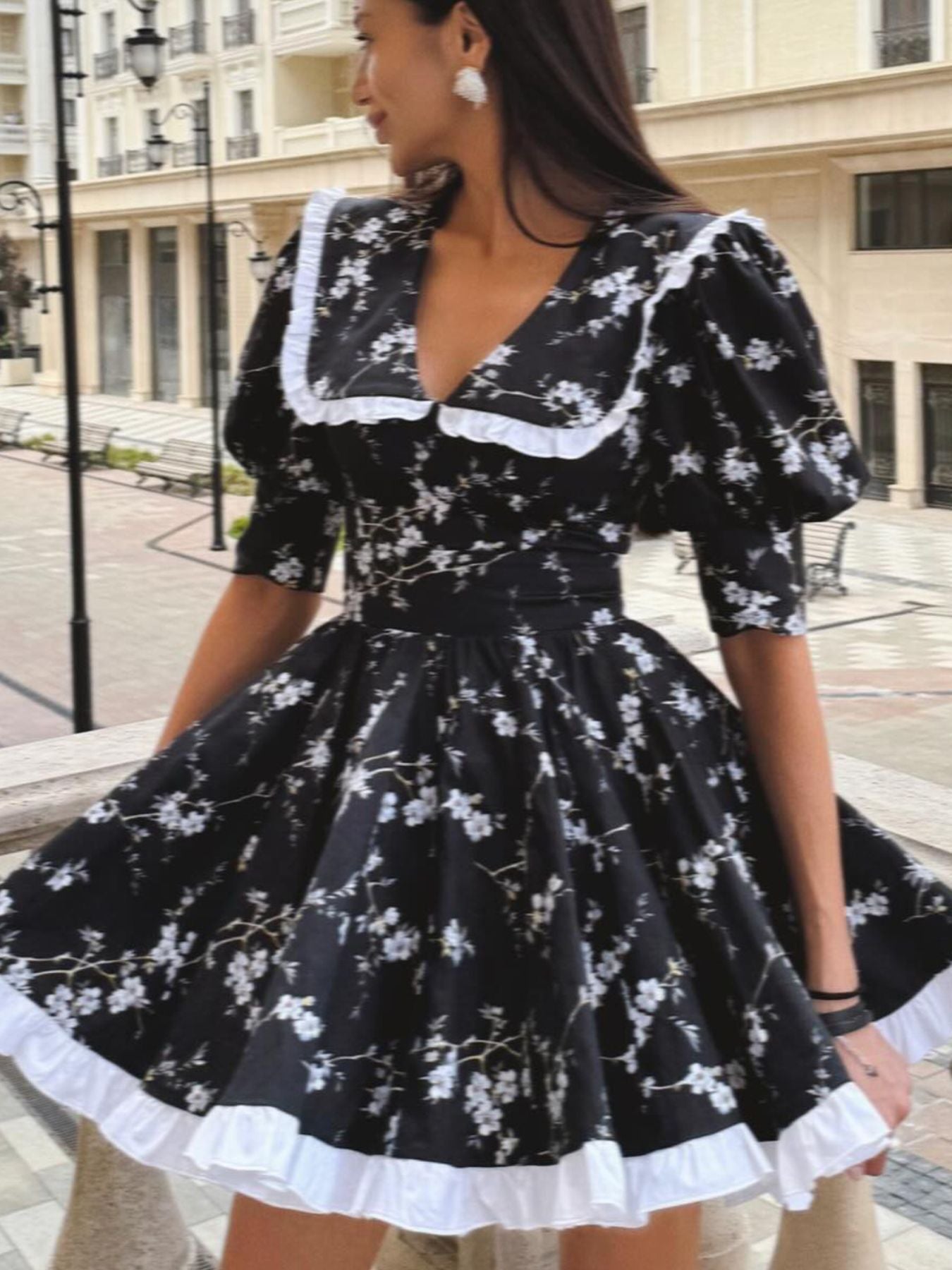 Floral Print Puff Sleeve Mini Dress