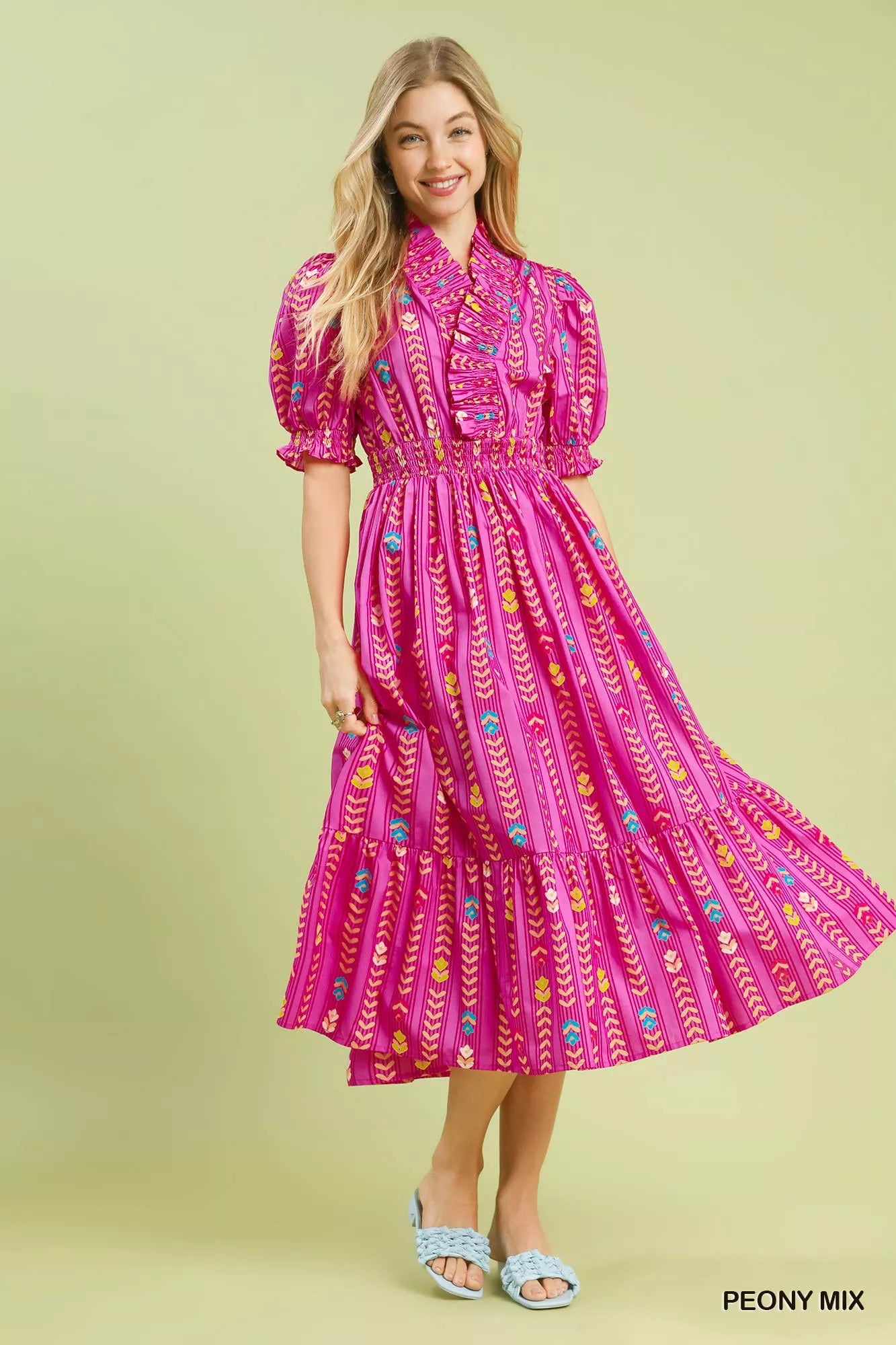 Umgee Vibrant Ruffle Smocked Midi Dress