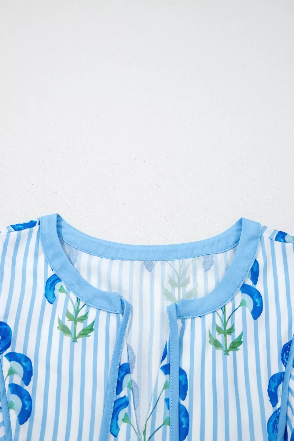 Floral Striped Print Tie Notched Neck Puff Sleeve Flared Mini Dress