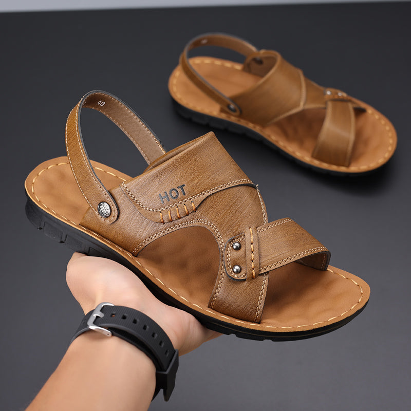 Men's Soft Leather Sandals, Summer Anti-slip Genuine Soft Leather Dual-wear Casual Soft Sole Sandals For Middle-aged Dad & Beach