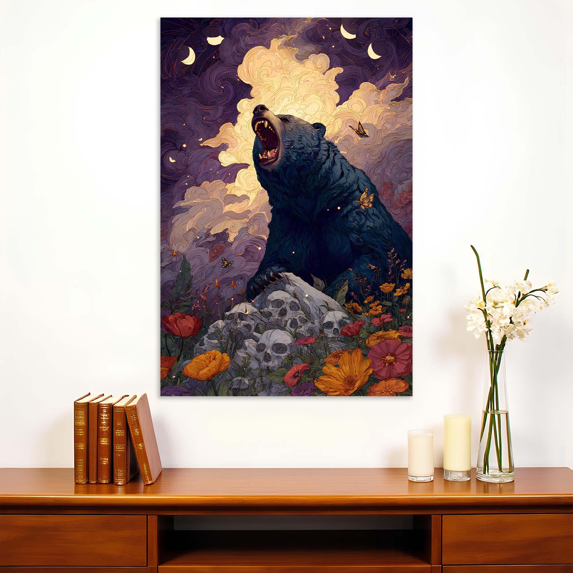 Midnight Bear Tempered Glass Wall Art | Mystical Forest Design Wall Decor | Fantasy Nature Decor