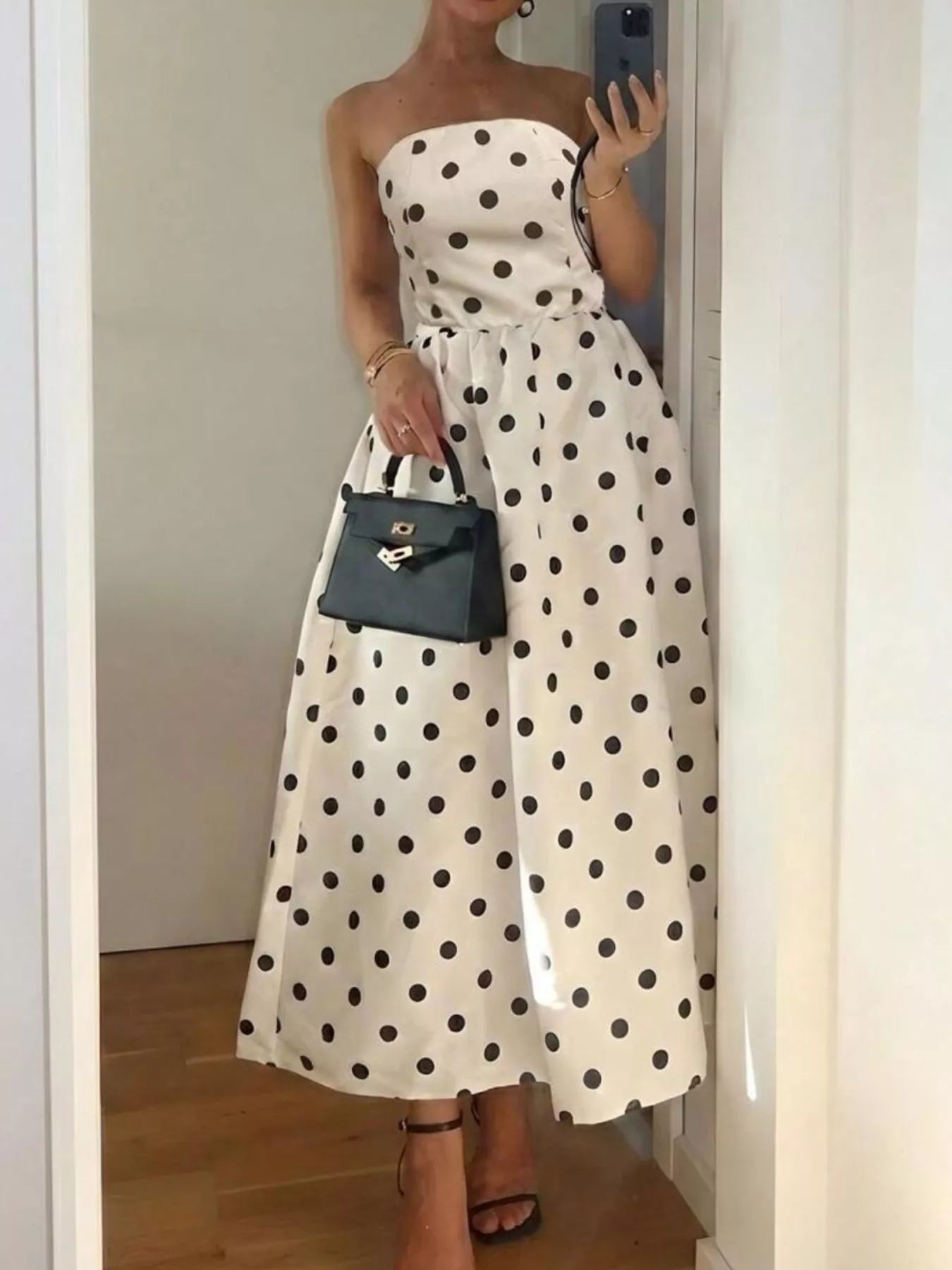 Polka Dot Strapless Midi Dress