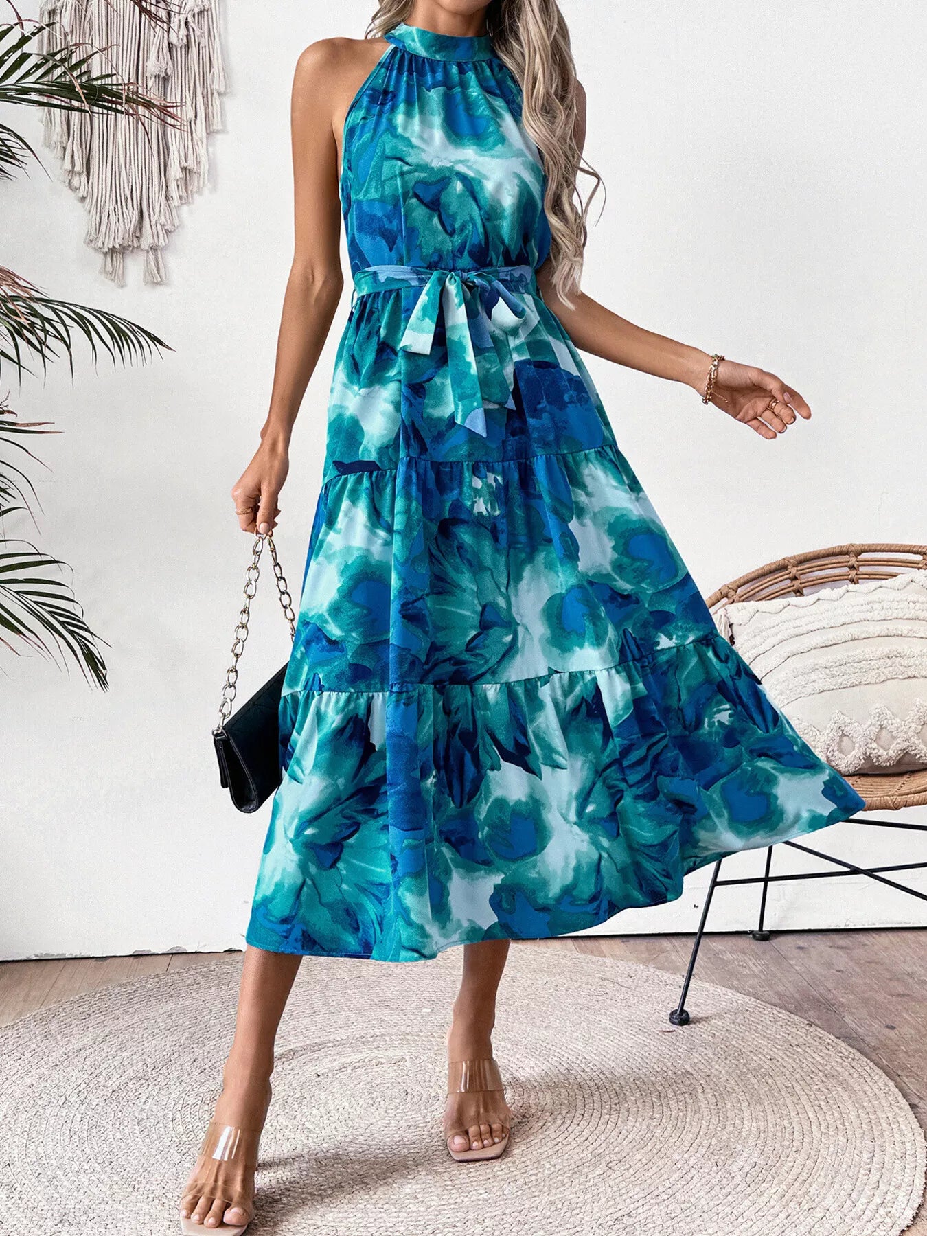 Floral Tie-Waist Tiered Midi Dress