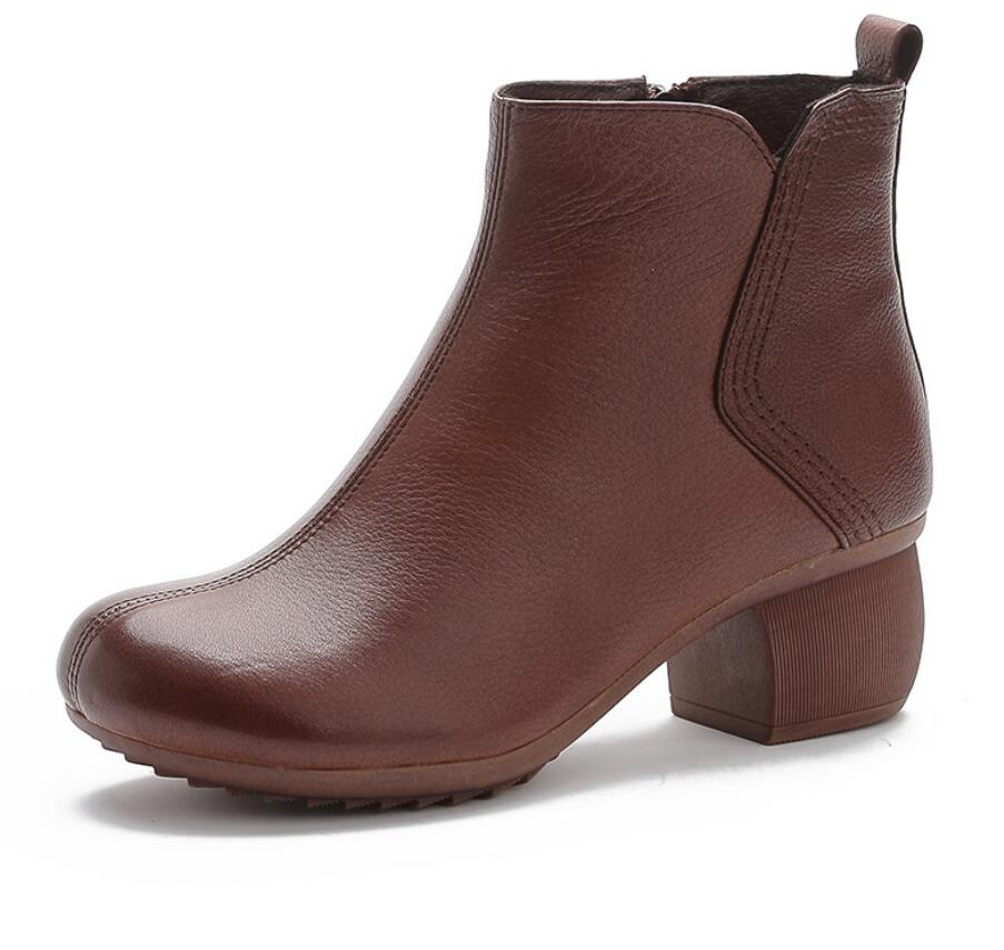 Vintage Style Genuine Leather Women Boots Flat Booties Soft Cowhide Women's Shoes