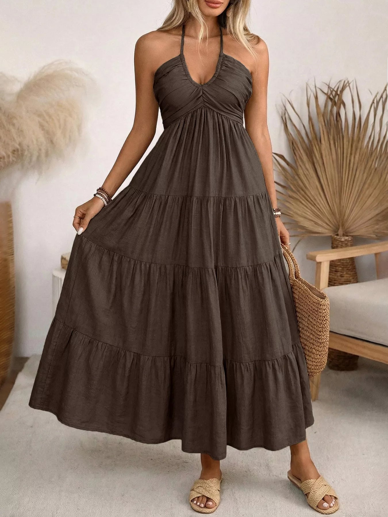 Halter Neck Tiered Midi Dress